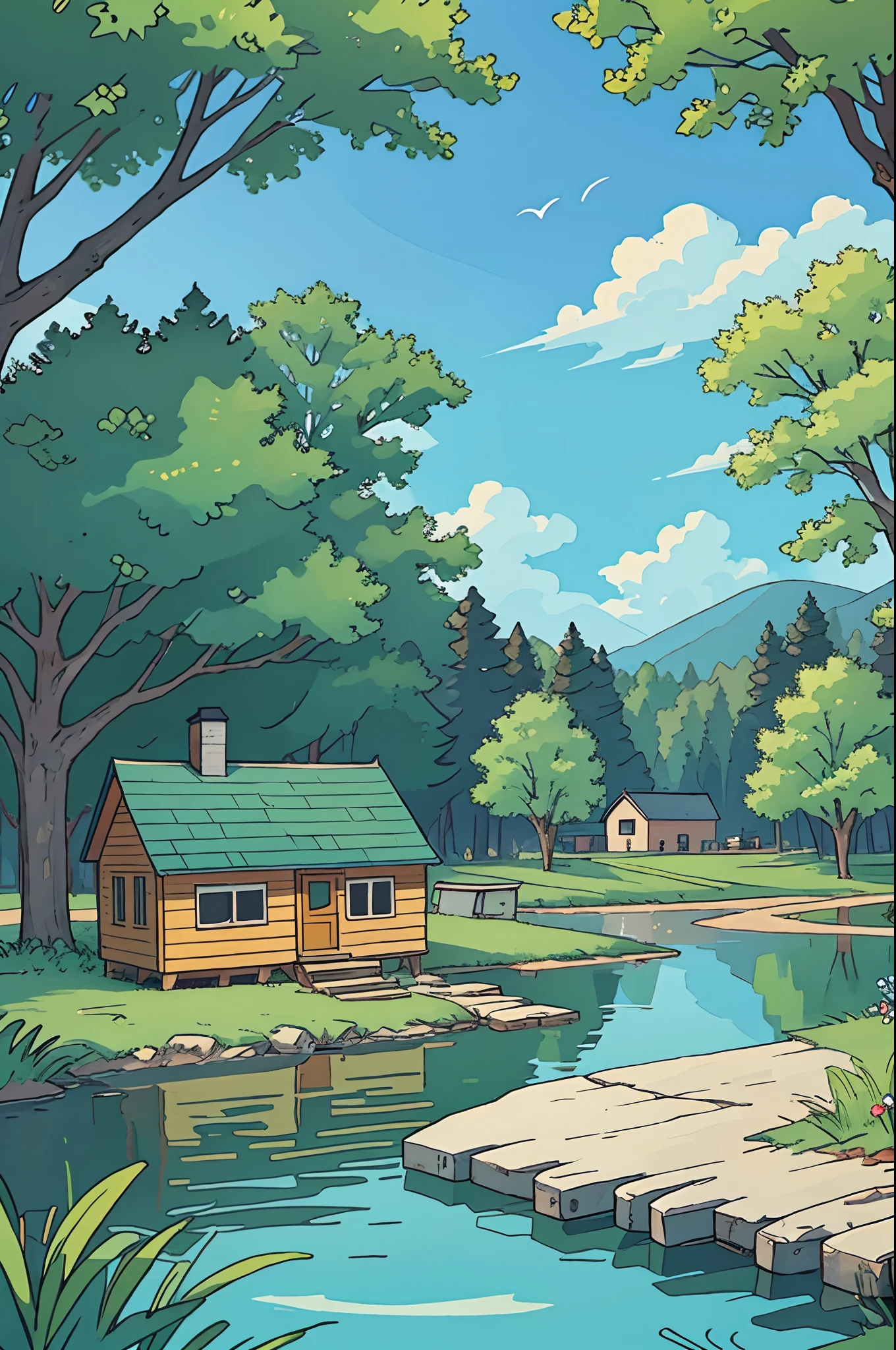 lake scene,Natural scenery,small houses