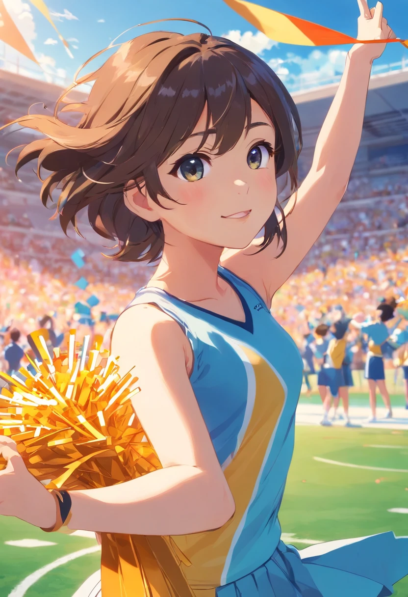 1 girl, university student, cheerleading, sports day, wearing cheerleading dress, school field, happy