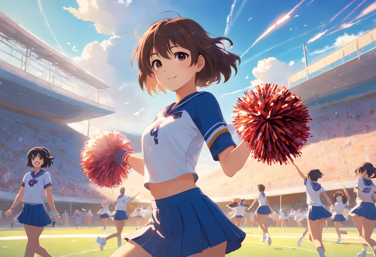 1 girl, university student, cheerleading, sports day, wearing cheerleading dress, school field, happy