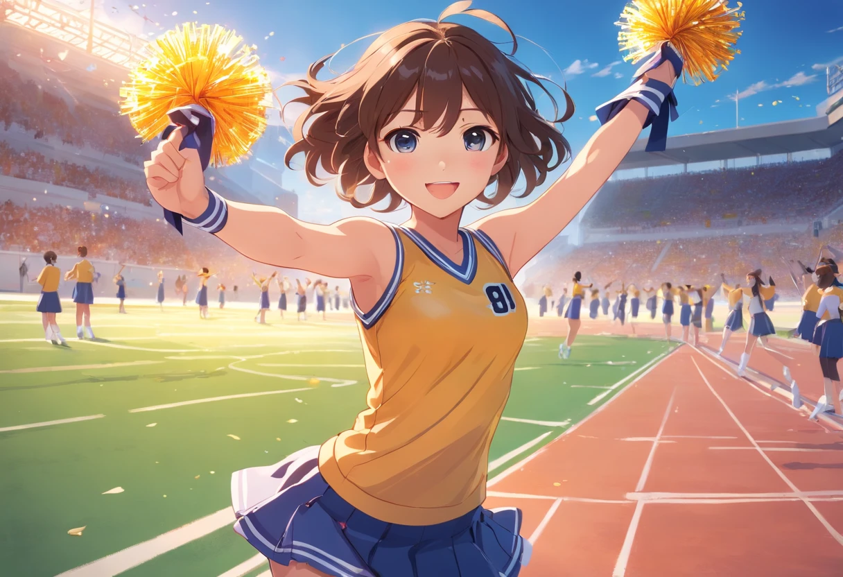 1 girl, university student, cheerleading, sports day, wearing cheerleading dress, school field, happy