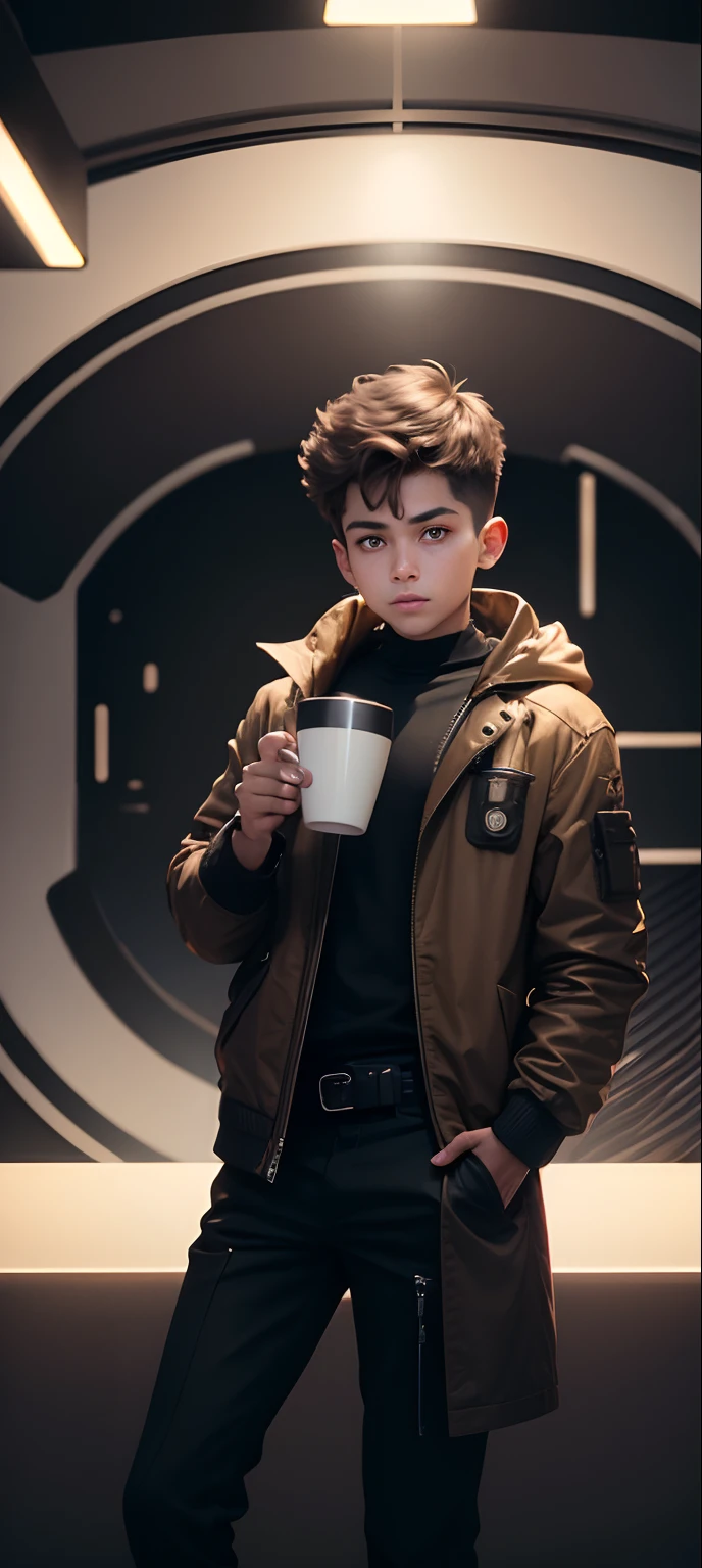 boy with coffee futuristic background realistic face 8k ultra high quality hd