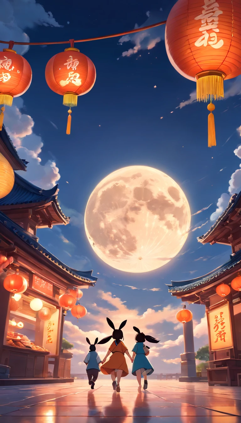 Mid-Autumn Festival, (Rabbits playing), Moon cake, Auspicious clouds, Behind the huge moon, Warm colors, Abstract imagery, ultra-realistic realism, Pixar style, 3d effect, (Disney style:1.2), Clear edge light, rim-light, fantasy, spotlight, 8K