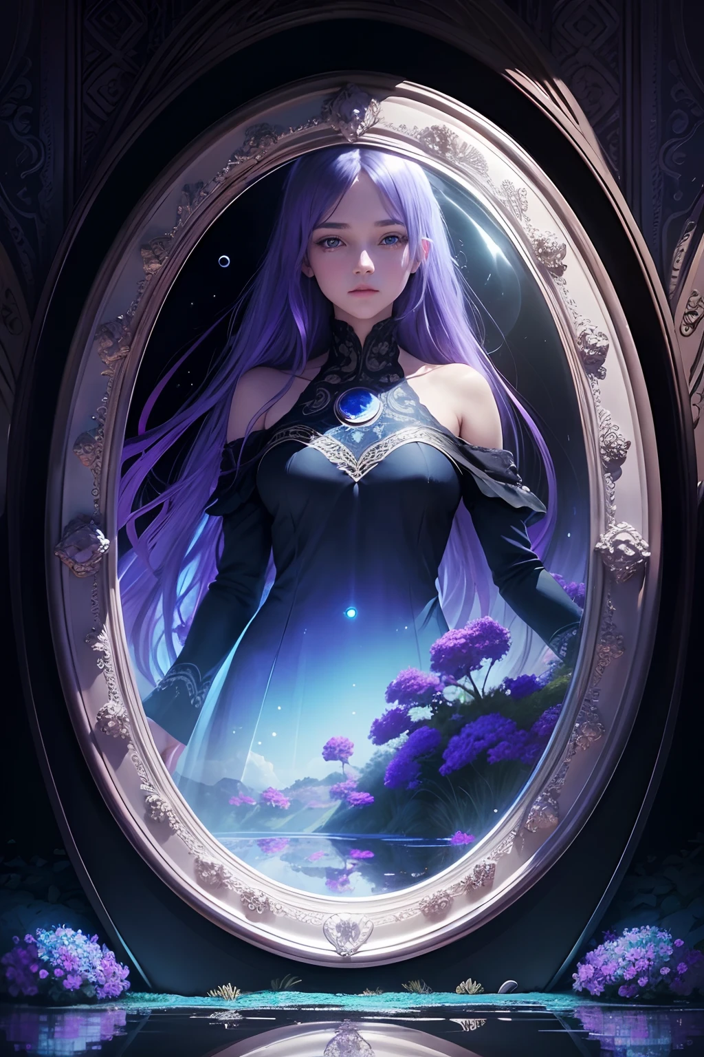 I want to see a purple wall with a picture frame decorated with flowers as the picture frame itself takes the reflection of a mirror showing a picture of glowing moon in a blue sky on a beautiful night with a pond reflecting the moonlight on the water with the hue of blue, illusion, intricate, illustration, diverse, complex, elegant, mystic, wonder, brightening, dark, cooling, hypnotic, hypnotizing, colorful, relaxing, peaceful, and with a deep sea, and with an open world, complexity, optical illusion, hallucination, mirage, phantasm, apparition, and fata morgana, mirror