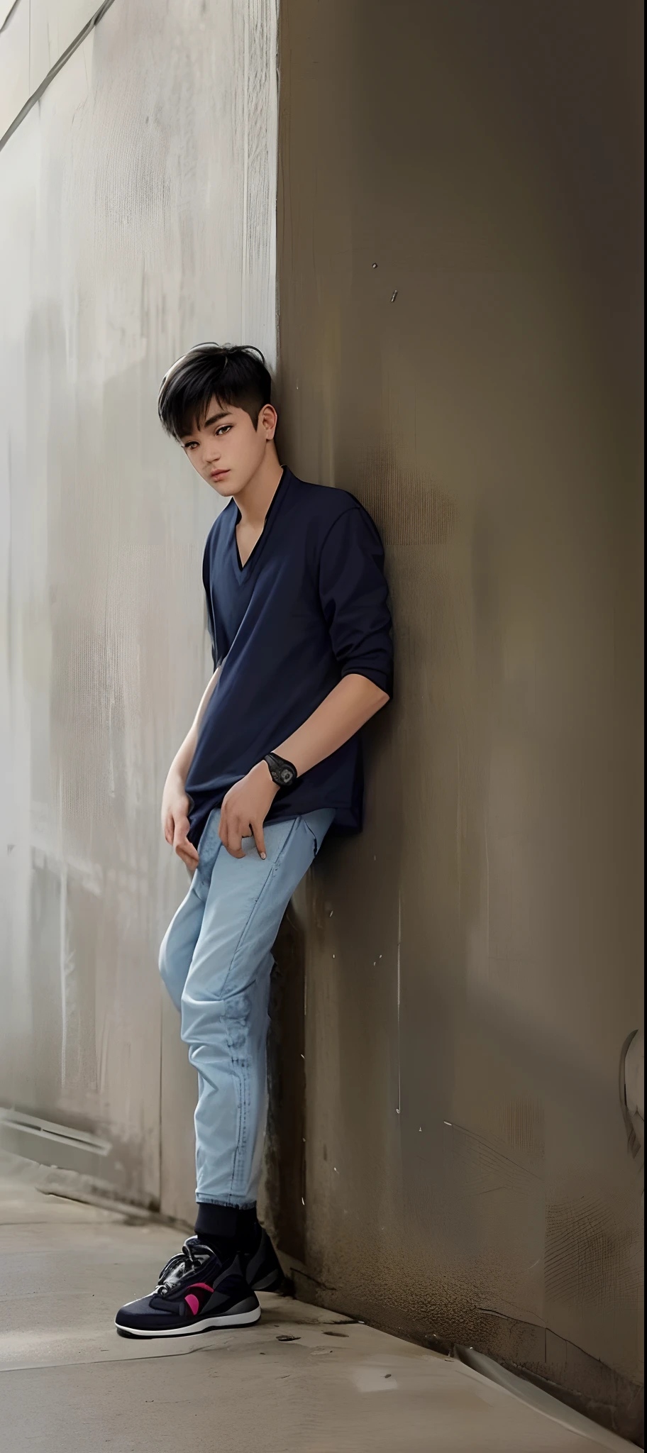 there is boy leaning against a wall with his foot on the ground, around 1 9 years old, very very low quality picture, full body picture, ayan nag, 18 years old, old picture, full body in camera, full body photogenic shot, cool pose, candid picture, 1 6 years old, casual pose, very artistic pose, full body pictures