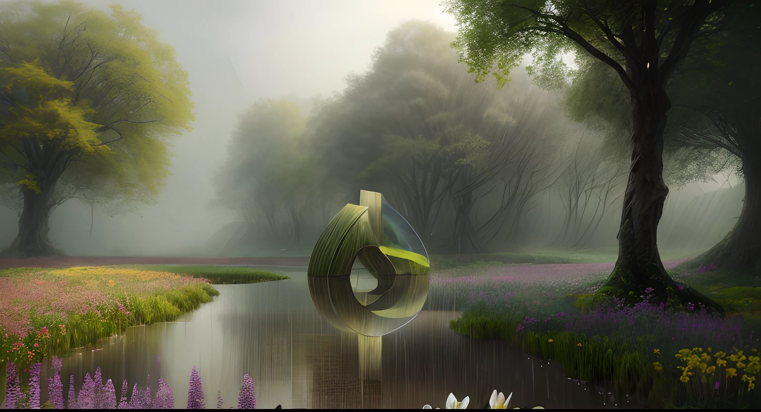 concept-art，Surreal spring scene wood super texture of the best quality， rained，Foreground meadow flowers Dewdrops Vines Distant blurred lake Beautiful nature Aesthetics，Poster art creative works，best qualtiy，Realistic creative reality 8k Octane rendering，Ray traching，Super meticulous