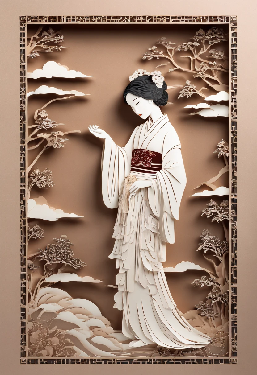 masterpiece, A Chiense woman in a hanfu, beautiful render of a fairytale, in the style of paper art, painting of beautiful, beautiful as the moon, very intricate masterpiece, painted metal, beautiful intricate masterpiece, multiple layers, Mysterious, Ancient China background