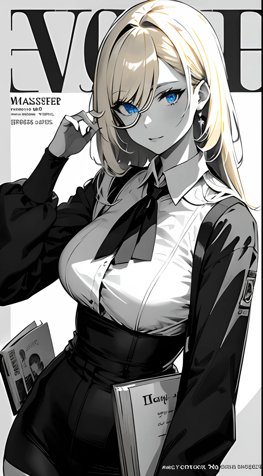 (masuter piece,Best Quality,Ultra-detailed), (A detailed face),Librarian of the Royal Library, 1 adult female, Solo, a blond, Blue eyes,eye glass, bangss, flat-chest, white  shirt, Black tie,Looking at the viewer, (interview: 1.3), From  above, sharp contrast, Beautiful detailed eyes, Close Up Shot,magazine title,Peruse the book