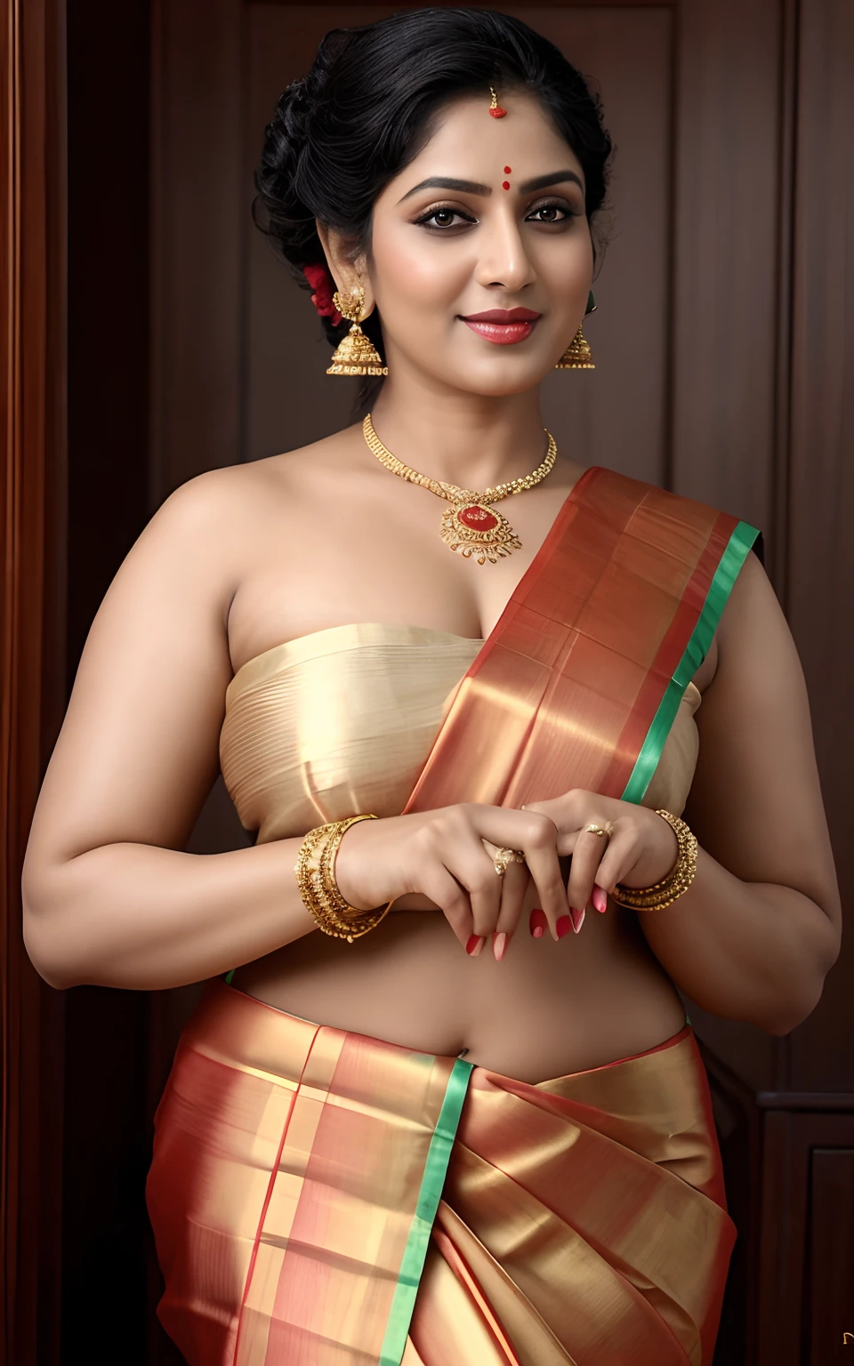 Foto RAW, Photographic recreation shoot Inspired from art by mohanan manimala, dressing style like Poonguzhali in Ponniyin Selvan,bare chest covered by sari,Mundum Neriyathum Saree Drape, traditional mundu, traditional south indian saree draping, Swollen and enlarged breasts, sensual pleasure, erotic photoshoot,best quality,sleeveless blouse,off shoulder dress,queen of Lust,appealing physique, sultry woman, modern sleeveless blouse, her sensual & bold Avataar, extremely gorgeous and hot milf, modelshoot, profile photoshoot,mastershot, model photography, retouched, movie stills shoot, modelshoot Inspired by art of mohanan manimala, revealing clothes, her exposed charming figure, appealing physique, pale skin, Beautiful lady, extremely gorgeous woman, mallu traditional wear, party wear, designer saree,sexy woman, wedding party wear, hot sleeveless blouse, sexy designer dress, designer blouse, braless, hot party wear, spotless skin, designer sari, fashion saree, 45 years old, sexy sleeveless blouse, armpits exposing,modern Indian aunties, sexy Indian housewife, desi bhabhi hot, sexy giant woman like figure, seductive body, wearing palla, Indian traditional bandeau crop top bra, huge breast, milk tank, mallu woman, mallu actress, mallu aunty, mallu sari model, mallu actress, lusty, perfect thick body, fleshy figure, highly detailed, intricate, flawless, pheromones dropping figure, seductive expression, beautiful face, juicy figure, perfect face, perfect eyes, perfect fingers, round shaped face, curvy, mallu bhabhi,mallu woman,mallu Beauty, Kerala Beauty, Kerala aunty,Kerala wife, skin texture, hot, small hairs on armpits, unshaved underarm, armpit crease, captivating, lusty, charming, attractive figure, mature woman, Kerala model, Kerala actress, nails can be hidden,queen of Lust,High clarity eyes, gigantic figure,extremely seductive, extremely seductive dress,(pele altamente detalhada: 1.2), 8k UHD, DSLR, soft-lighting, alta qualidade, grain of film, Fujifilm XT3