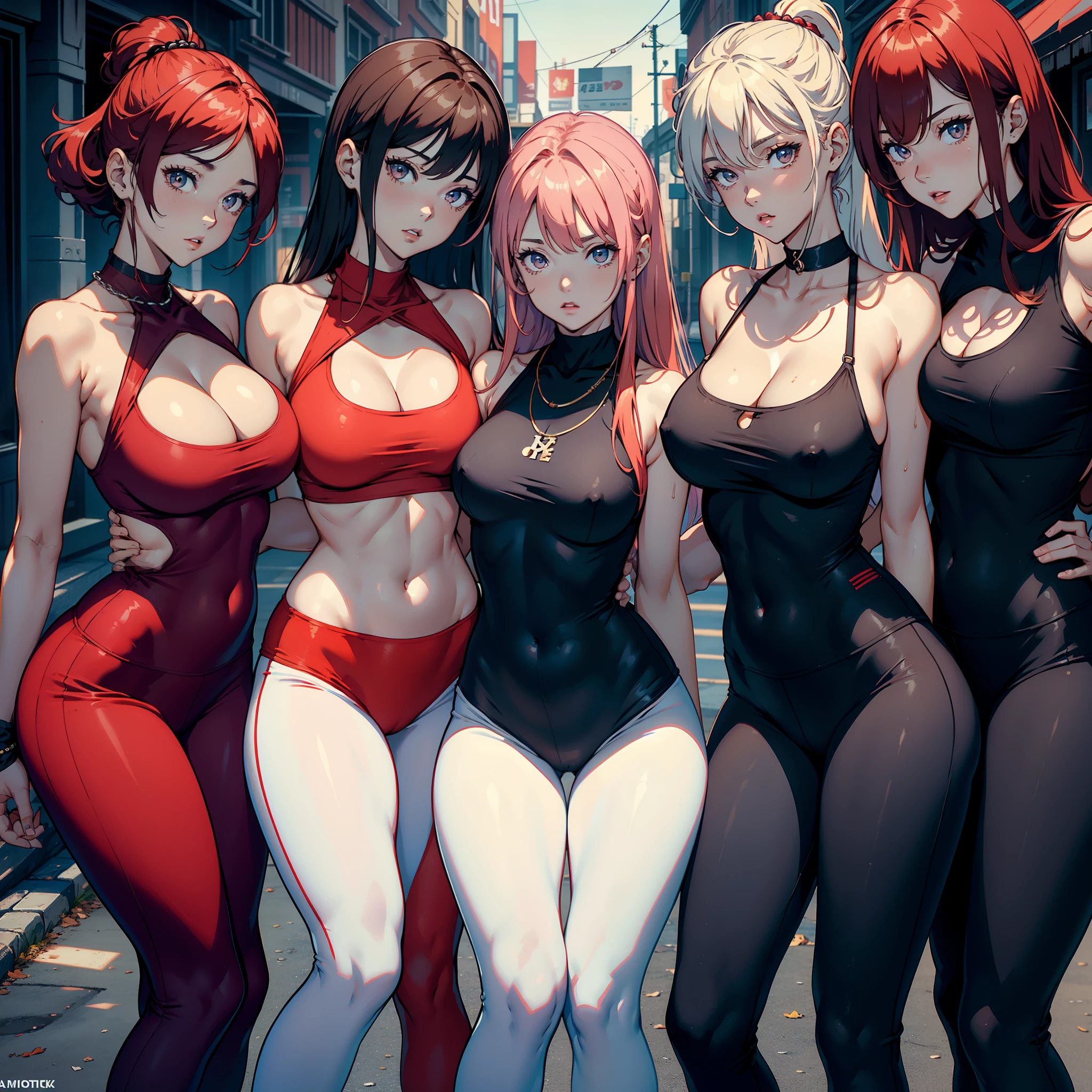 handsome body, pretty face, 3 girls together, The eldest girl, light red hair, Eye, neck chain, shoulders, фуфайка, Leggings pants, big breastes,, hason, skinny waist, Thick legs,, thick-thighs,, Background scenario, chaotically looking at the viewer