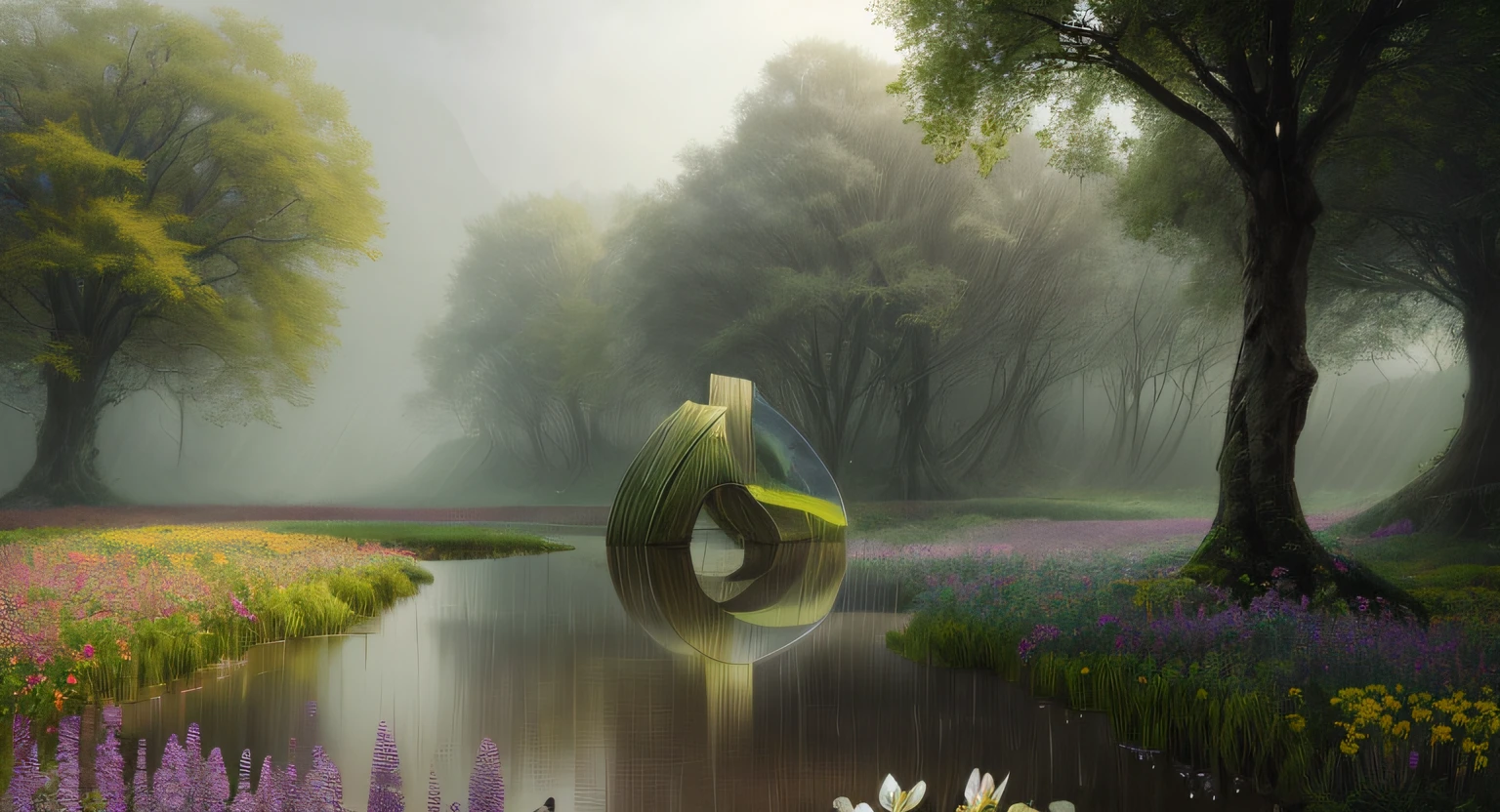 concept-art,Surreal spring scene wood super texture of the best quality, rained,Foreground meadow flowers Dewdrops Vines Distant blurred lake Beautiful nature Aesthetics,Poster art creative works,best qualtiy,Realistic creative reality 8k Octane rendering,Ray traching,Super meticulous