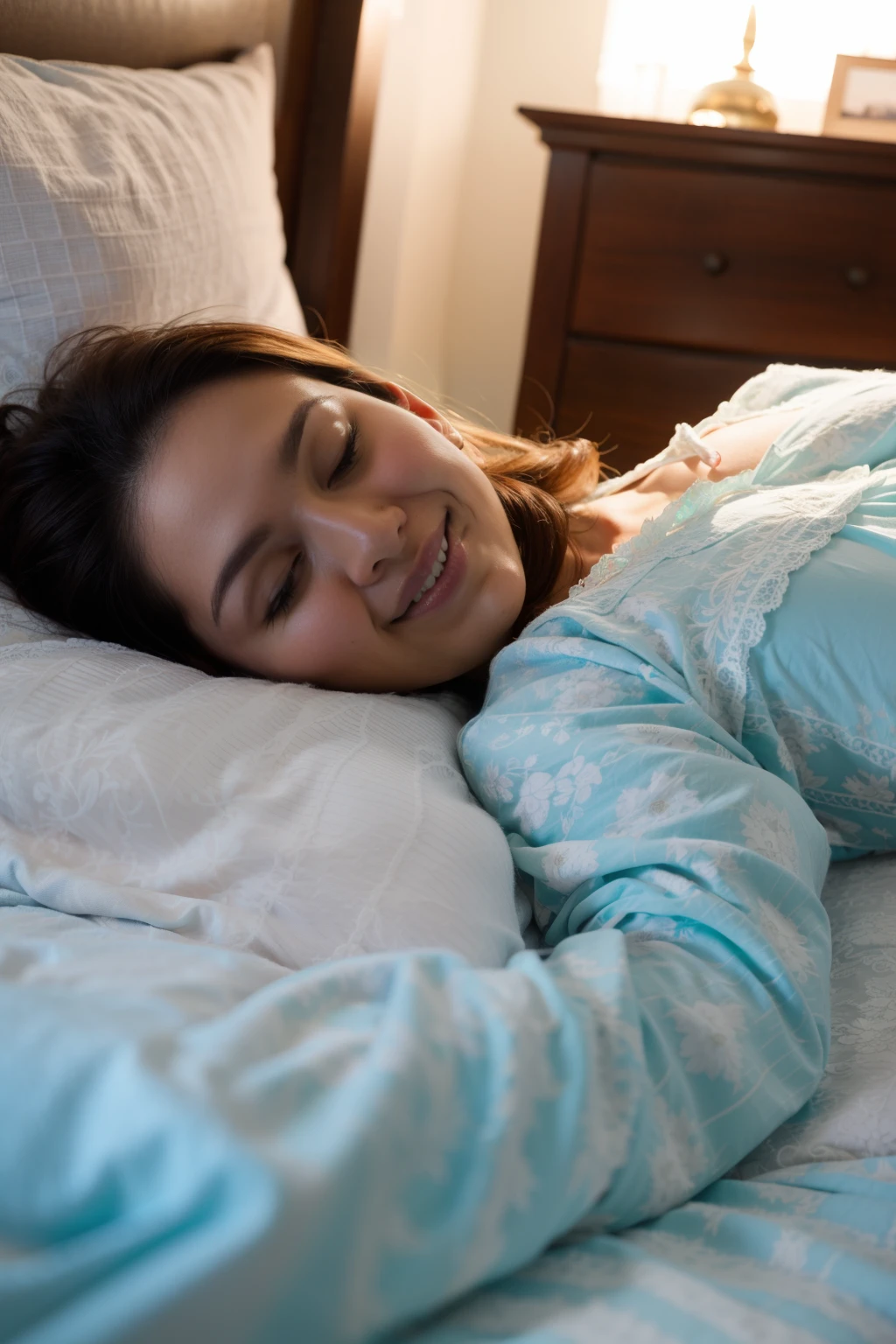 matured malay woman in hijab wearing lace pastel color pajamas sleeping in bed portrait photography, lying in bed, mid shot photo, ultra detail, professional photograph with professional lighting, smile, light blue bed, bedroom, sexy seducing sleep pose, curvy