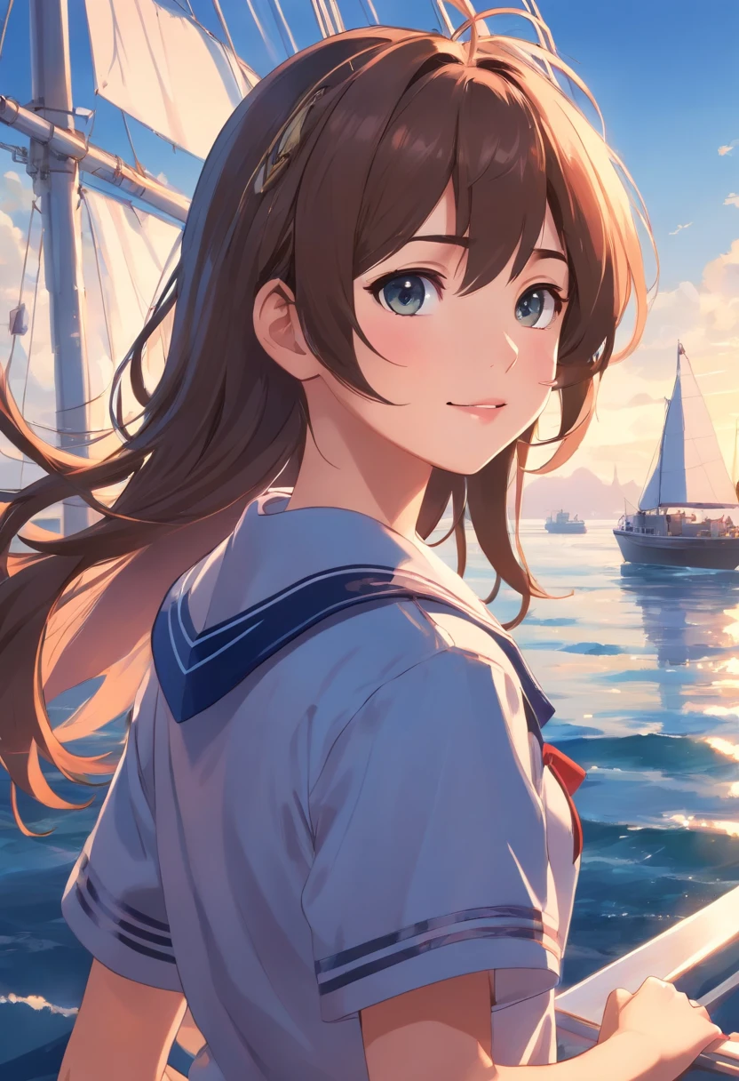 (realistic,ultra-detailed,best quality:1.2),1 girl, upper body, sailor, beautiful detailed eyes, beautiful detailed lips, long eyelashes, wearing sailor uniform, sailor hat, smiling to viewer, sail boat, professional, vivid colors, sharp focus,HDR,studio lighting, physically-based rendering, extremely detailed eyes and face,portraits,bokeh
