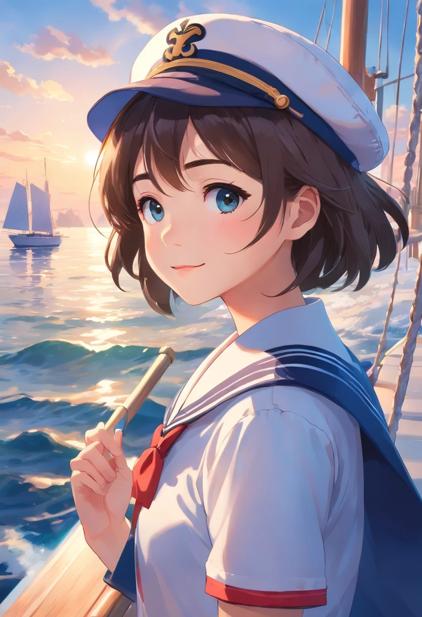 (realistic,ultra-detailed,best quality:1.2),1 girl, upper body, sailor, beautiful detailed eyes, beautiful detailed lips, long eyelashes, wearing sailor uniform, sailor hat, smiling to viewer, sail boat, professional, vivid colors, sharp focus,HDR,studio lighting, physically-based rendering, extremely detailed eyes and face,portraits,bokeh