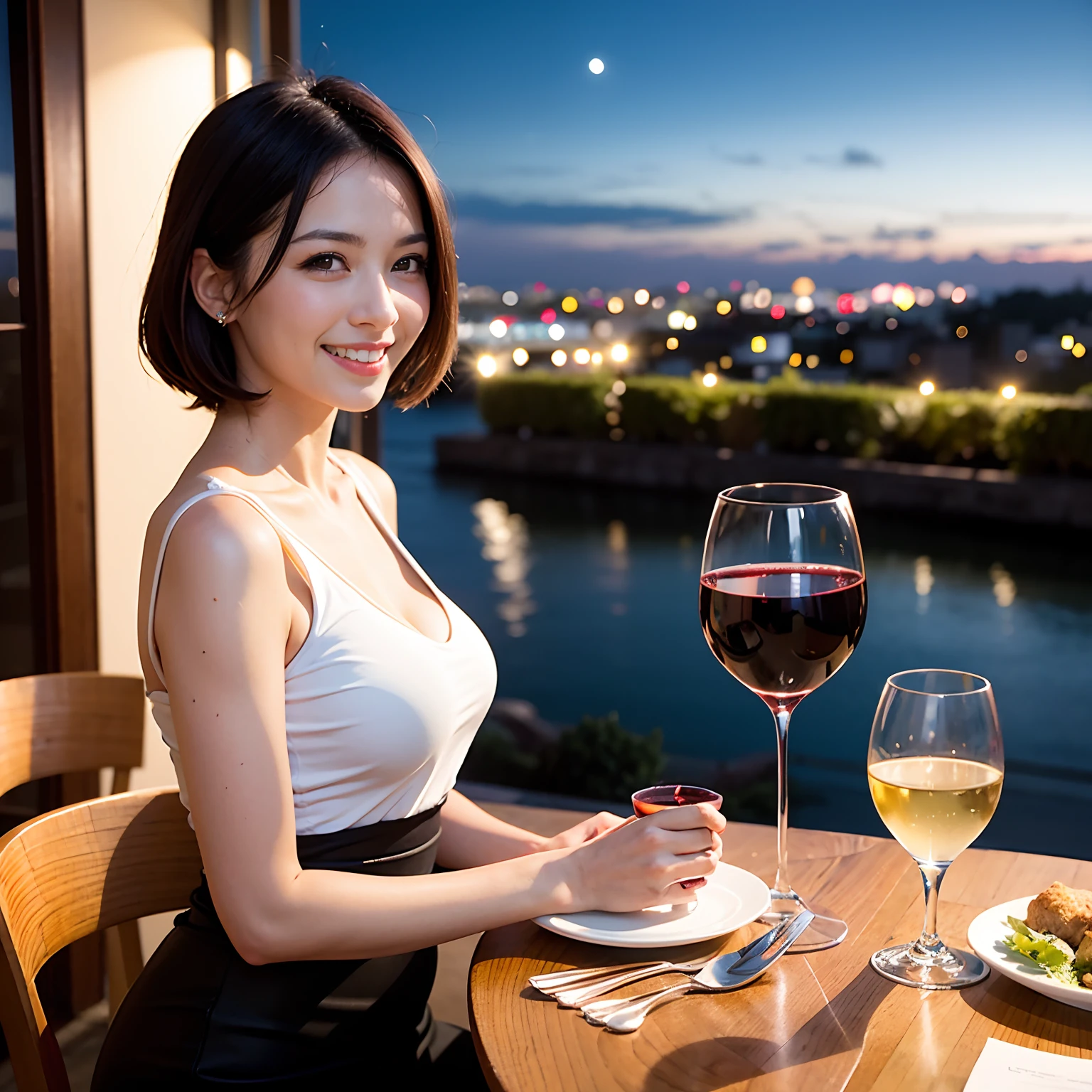 (64K, UHD, top quality, masterpiece: 1.2), (realistic, photorealistic: 1.37), super detailed, pretty woman 1 person, (slim face), (slim body), (brown hair), (short cut), cheeks slightly blushing, (44 years old), 38 years old, solo, beautiful detailed urban night view outside the window, restaurant, wine glasses sit, at night, in a prominent placeNovaFrogStyle, Actress, Model, Waist Up, White Wine, Slim, Wine Glass, Super Clean Night View, Wine Glass Put in the Middle, Happy Smile, (Smile: 1.15), Beautiful Fine Eyes, Upper Body, Bust Japan Up, Night, Short, Short, Actress, Model, Waist Up, White Wine, Slim, Wine Glass, Super Clean Night View, Wine Glass Put in the Middle, Happy Smile,