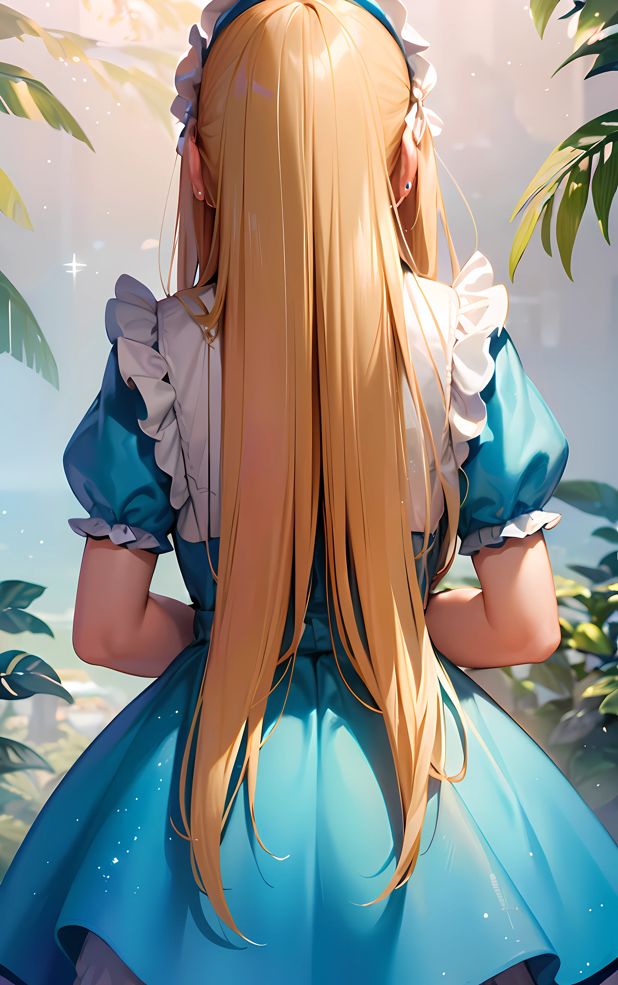(Masterpiece:1.2), Best quality, A high resolution, Original, (Extremely detailed:1.2), Ultra-detailed, the wallpaper, Perfect lighting,(Extremely detailed CG:1.2), 8K, illustration, 1girll, Solo, AliceWonderlandWaifu, Light blue dress, blond hairbl, shiny fabrics, From behind, rear angle, En plein air, Sunny, Unity