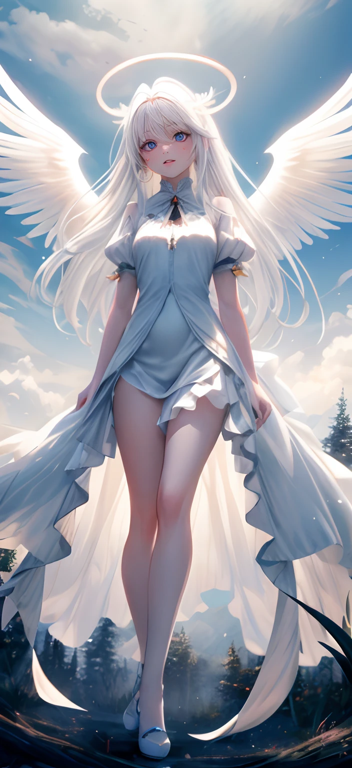 high resolution, best quality, masterpiece, ultra high definition, ultra high definition, ultra realistic, 3d, anime, illustration, solo, very beautiful and cute woman in her twenties, she wears a light white floral miniskirt length dress and flutters her wings, her hair is moving, full body, wonderful perfect proportions, shiny light brown medium hair, high layer cut, mullet hairstyle, bright blue eyes, happy, shy