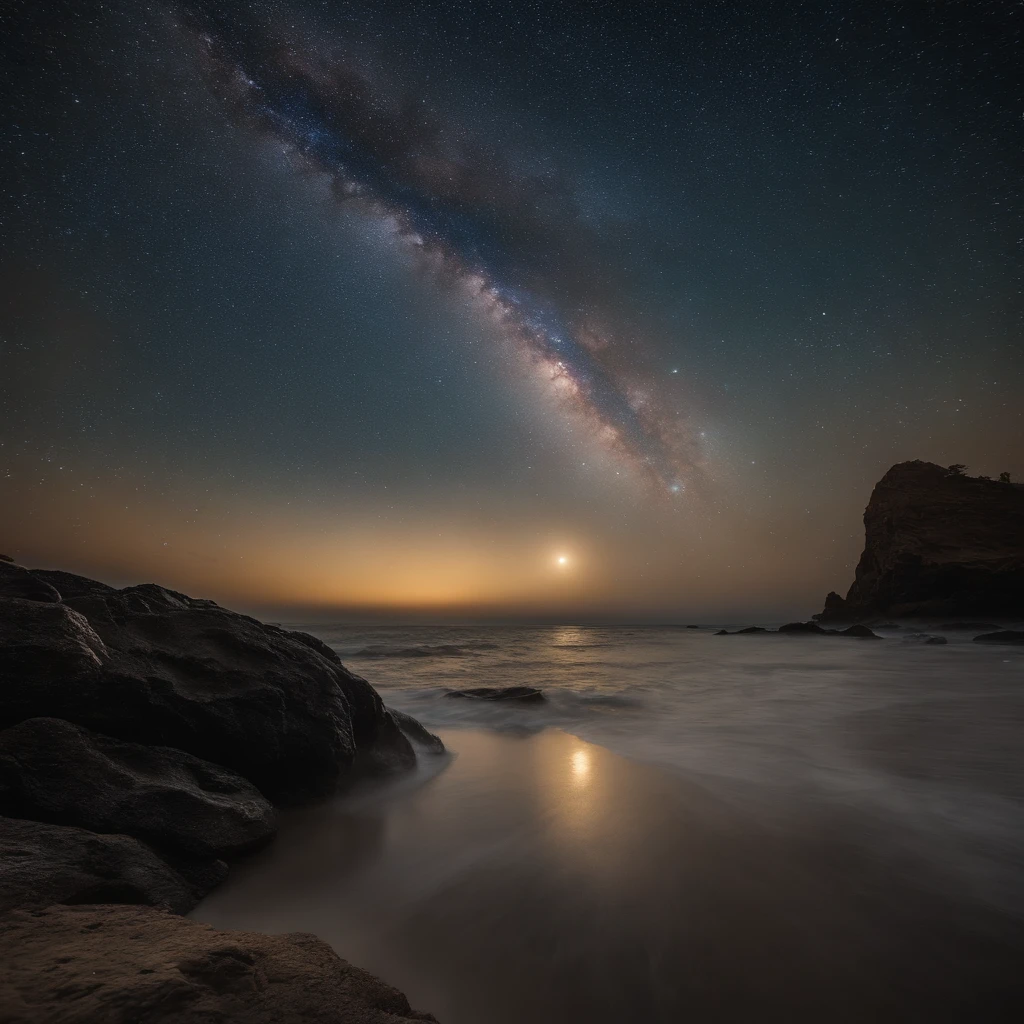 Master Parts、Superior Quality、superior image quality、The 8k quality、、Beautiful pictures of the starry sky、Two beautiful shooting stars、magnifica、Arched Milky Way、The Milky Way seen across the ocean