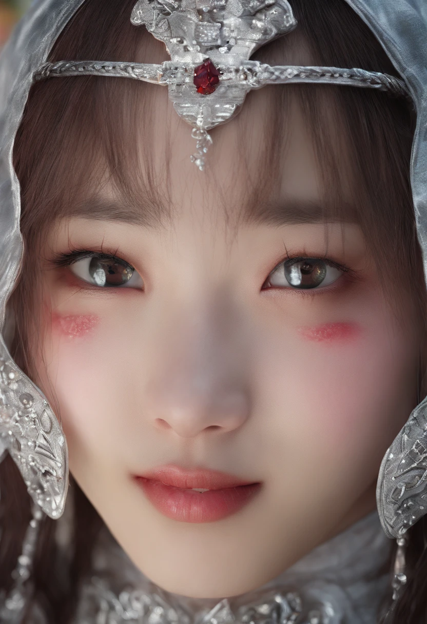 Korean girl, heart-shaped eyes, red hair, crown, symbol-shaped pupils, wolf ears, grin, silver hair, Surrealism, drop shadow, tachi-e, panorama, Ultra-Wide Angle, Eye-Level Shot, masterpiece, textured skin