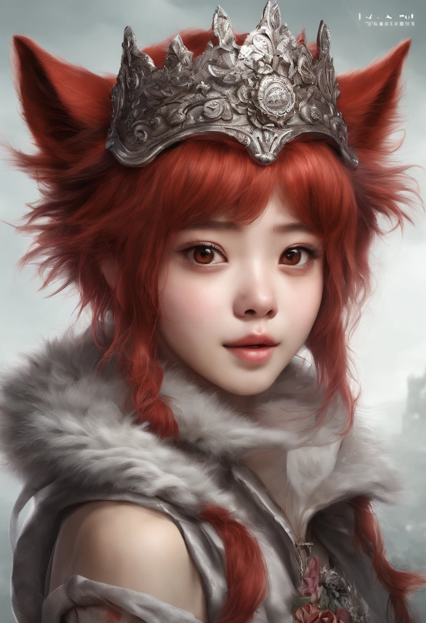 Korean girl, heart-shaped eyes, red hair, crown, symbol-shaped pupils, wolf ears, grin, silver hair, Surrealism, drop shadow, tachi-e, panorama, Ultra-Wide Angle, Eye-Level Shot, masterpiece, textured skin
