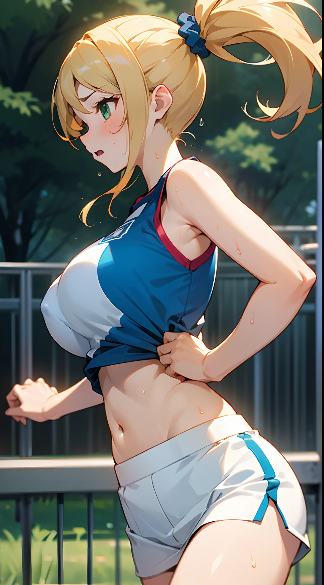 1 girl, game CG, sleeveless blue gym uniform, belly button visible, short white skirt, scrunchie, gigantic breasts, blonde, middle hair, side ponytail, green eyes, from side, running, sweat, outdoors,