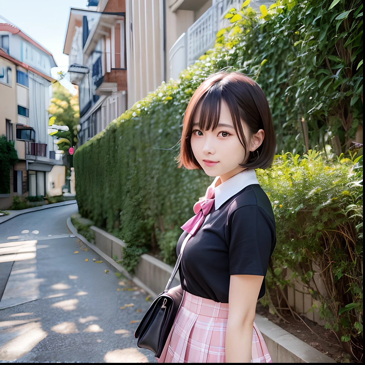 tmasterpiece,top-quality,offcial art,Highly detailed CG Unity 8K wallpapers,Like a schoolgirl,Very delicate beautiful,超A high resolution,(realisticlying:1.4),Golden Hour Lighting,(The upper part of the body),(Platinum Shorthair:0.8),(Puffy eyes),looking at viewert,facing front,ssmile,JK Skirt,Pink,The shirt boosts long black hair