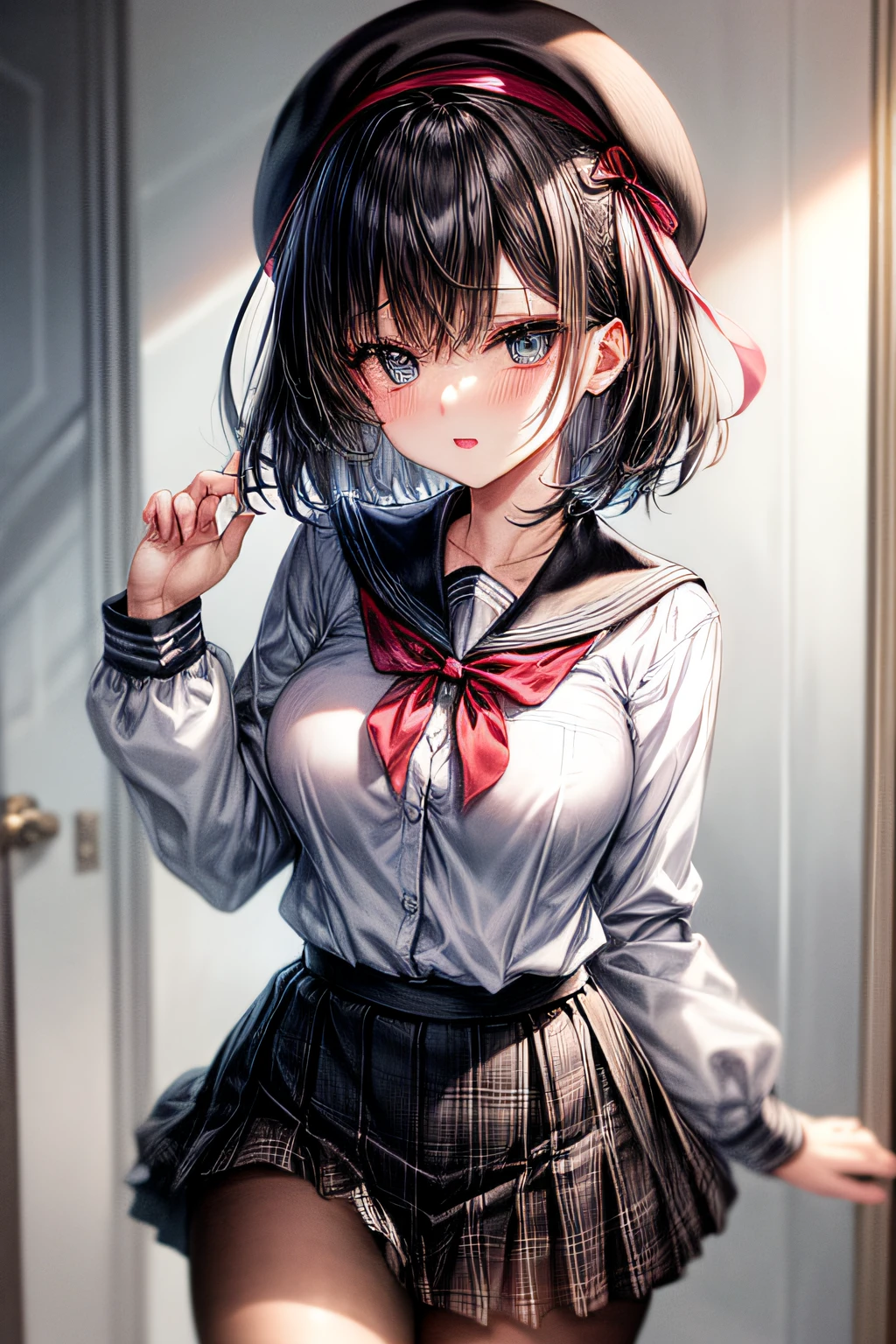 masterpiece, best quality, solo, masterpiece, best quality, shirt ornament, beautiful breasts, hair ornament, medium breasts, white shirt, shirt ornament, long sleeves, super detailed, girl, jagged hair Beautiful, exquisite eyes, jewel-like eyes , colorful eyes, sparkling background, male sparkling eyes, medium breasts, rounded breasts, short hair, female, black hair, gentle hair, black pleated skirt, ribbon, plaid skirt, sailor uniform, beret