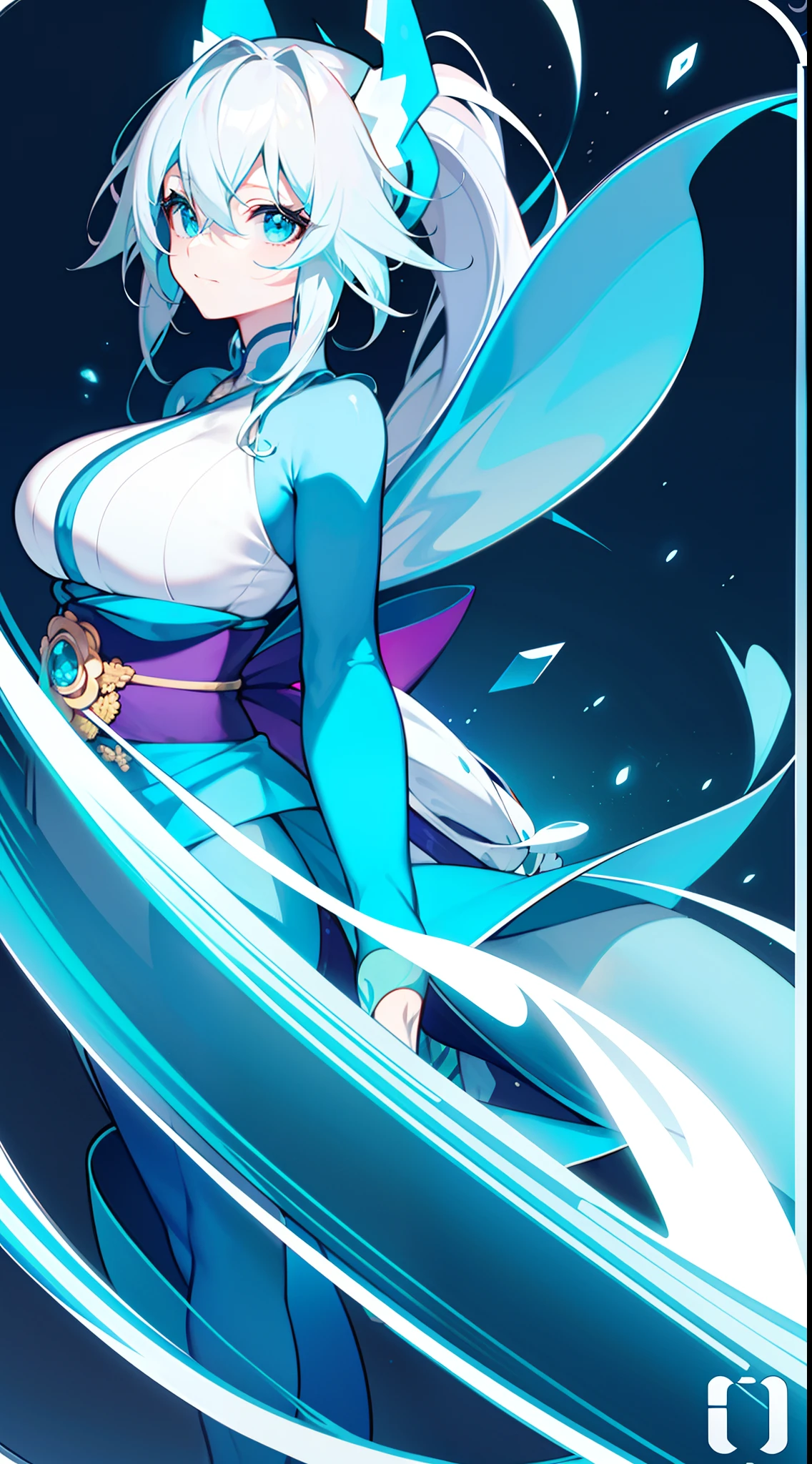 hyper HD, retinas, Anatomically correct, Textured skin, Super detail, Best quality, A high resolution,Nice card back,Animate,aqua background,Reduce color brightness,The background color of the gradient,Circular bubbles float upwards,Break!,1个Giant Breast Girl,Kimono with white,fall