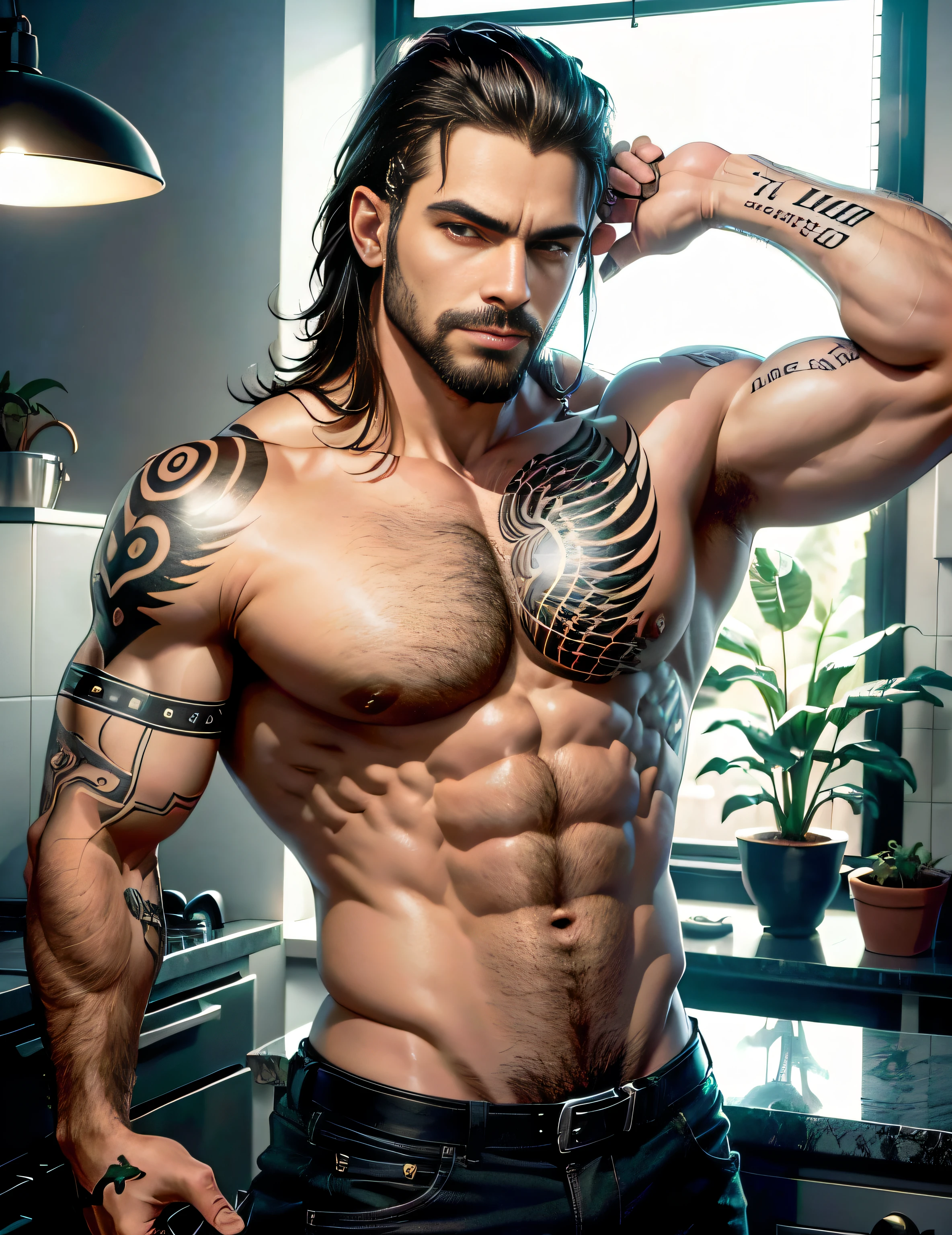 homem musculoso, cabelo curto, tattoo, barba, vampiro, roupa couro preto, cabelo branco