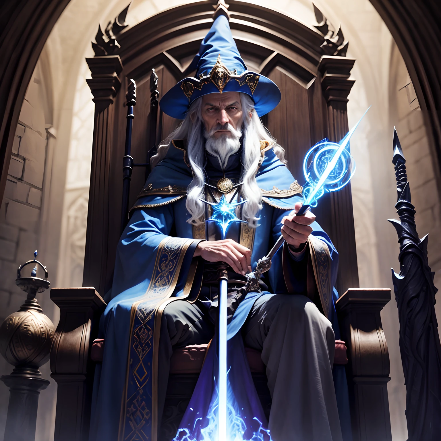 Wizard Merlin imposing ultra details sitting on the throne looking at me holding his staff with very sinister features