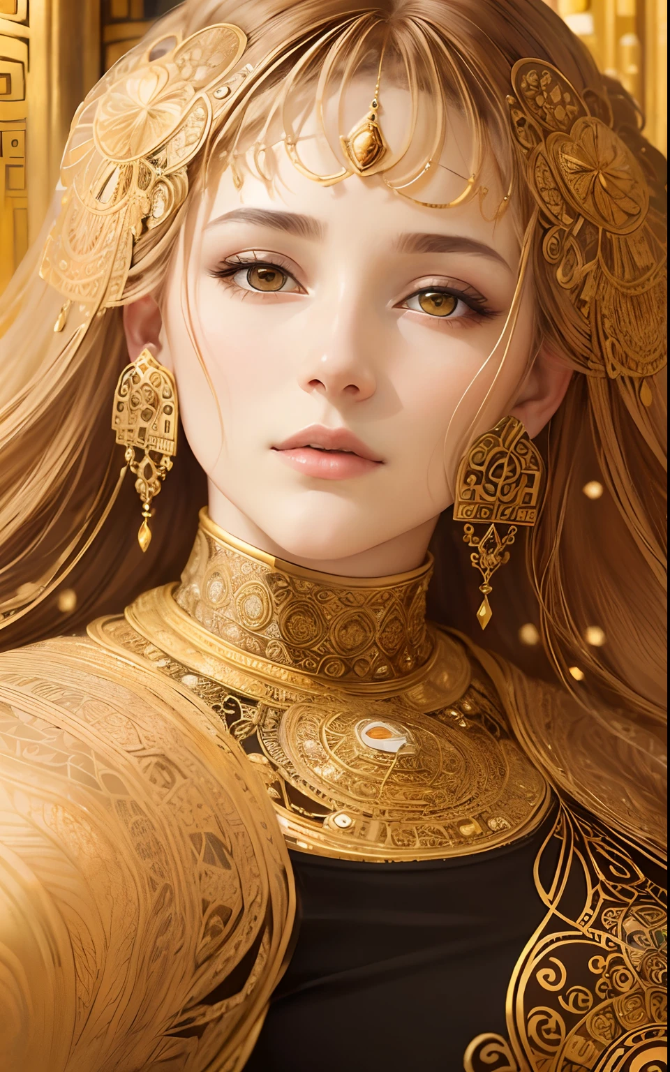 A mesmerizing portrait of a woman, inspired by the artistry of Gustav Klimt. The woman, her features rendered in hyper-realistic detail, is adorned with intricate patterns and motifs reminiscent of Klimt's iconic style. The lighting is soft and diffused, casting a warm glow on her figure and the ornate decorations. The color palette is rich and vibrant, with a focus on golds and jewel tones, a signature of Klimt's work. The composition is carefully balanced, with the woman centrally positioned in the frame. The image is to be generated with a high-resolution 16k, using a virtual 85mm lens, with a focus on sharpness and depth-of-field