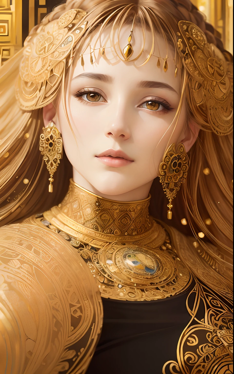 A mesmerizing portrait of a woman, inspired by the artistry of Gustav Klimt. The woman, her features rendered in hyper-realistic detail, is adorned with intricate patterns and motifs reminiscent of Klimt's iconic style. The lighting is soft and diffused, casting a warm glow on her figure and the ornate decorations. The color palette is rich and vibrant, with a focus on golds and jewel tones, a signature of Klimt's work. The composition is carefully balanced, with the woman centrally positioned in the frame. The image is to be generated with a high-resolution 16k, using a virtual 85mm lens, with a focus on sharpness and depth-of-field
