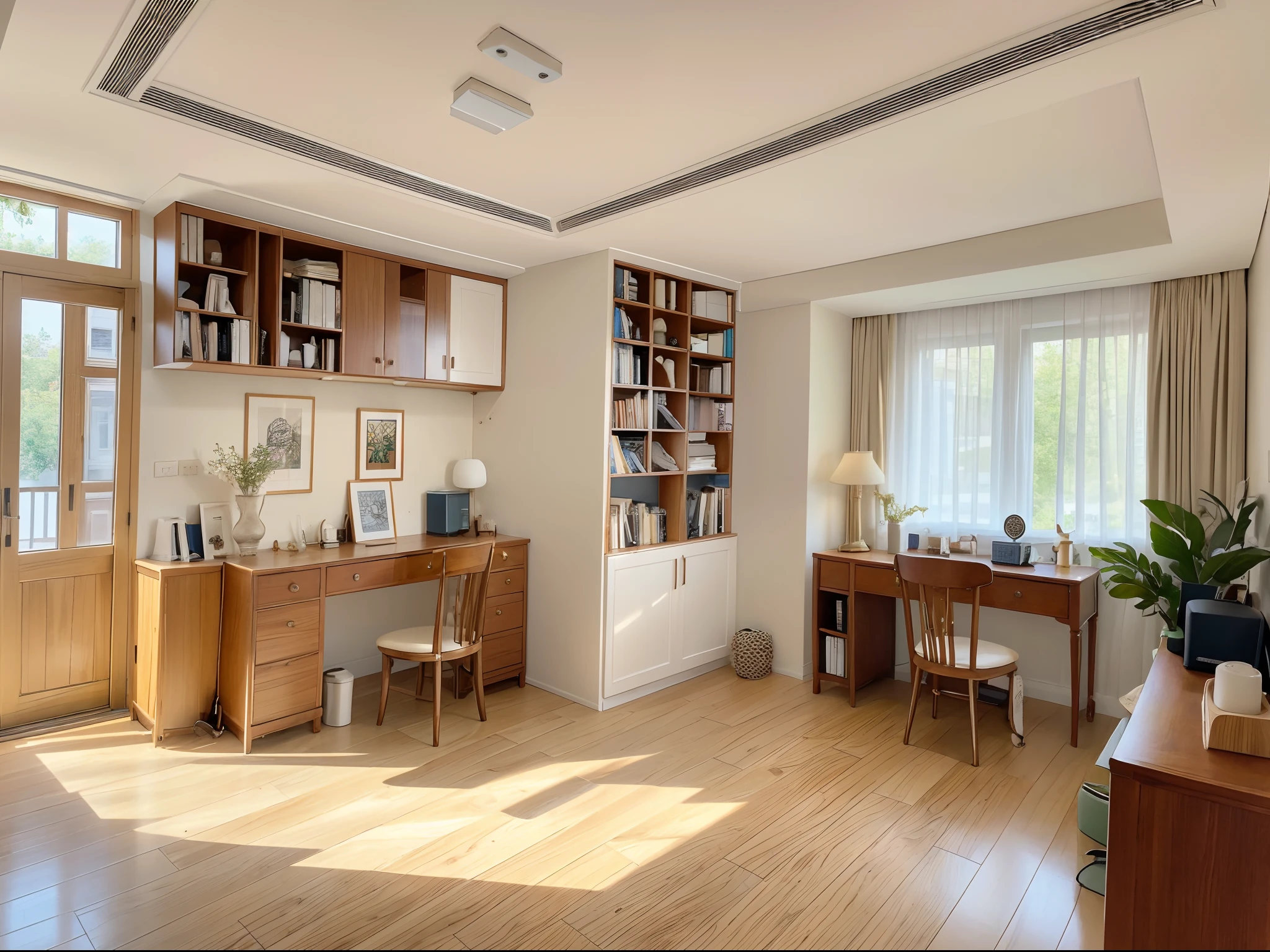 ，masterpiece, best quality，8k, ultra highres，This is a study full of literary atmosphere。One wall of bookshelves is piled with various books，From ancient Greek mythology to contemporary literary masterpieces，Fine products。Next to the desk，A crystal table lamp is placed，Soft light is focused on the writing，It gives a focused and quiet atmosphere。A pot of cacti in the corner dotted the room，Highlight the personality of the study。In the corner of the study，There is an ancient piano with a sheet unfolded，Plus flowers，Let the whole study room be full of artistic atmosphere。The entire study is made of simple white，The sunlight from the narrow windows casts dappled light and shadow on the ground，The whole study room is full of warm emotions。