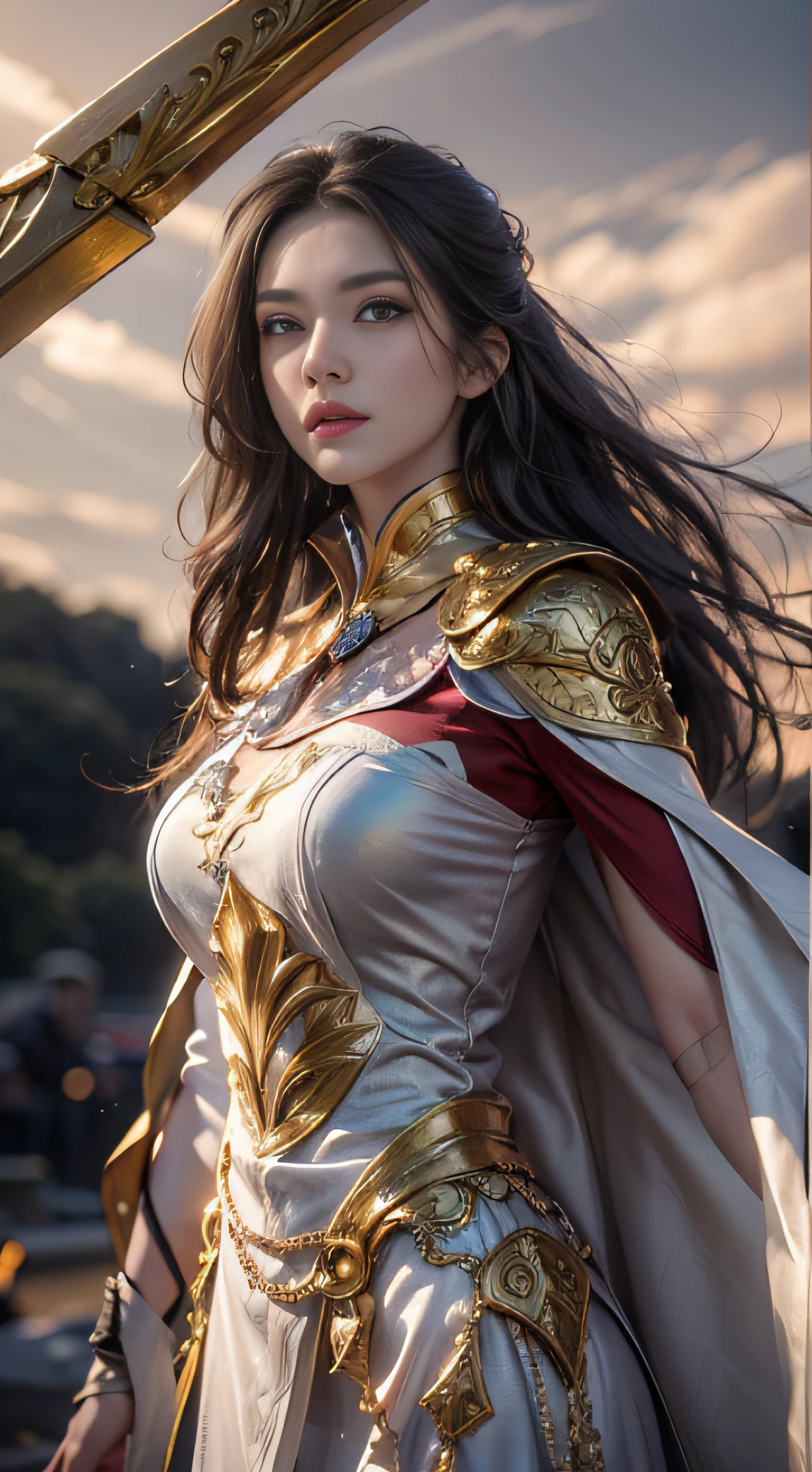 extremely beautiful young lady, subtle makeup, golden hour, photorealistic, high contrast, 8k HD, detailed, hyper-detailed, realistic skin texture, long dark hair, big breast, best quality, ultra high res, raw photo, dramatic lighting, unreal engine, diffuse glow intricate silver eaba, white imperial cape, spear, sword, no helm