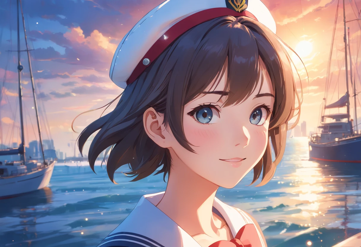 (realistic,ultra-detailed,best quality:1.2),1 girl, upper body, sailor, beautiful detailed eyes, beautiful detailed lips, long eyelashes, wearing sailor uniform, sailor hat, smiling to viewer, sail boat, professional, vivid colors, sharp focus,HDR,studio lighting, physically-based rendering, extremely detailed eyes and face,portraits,bokeh