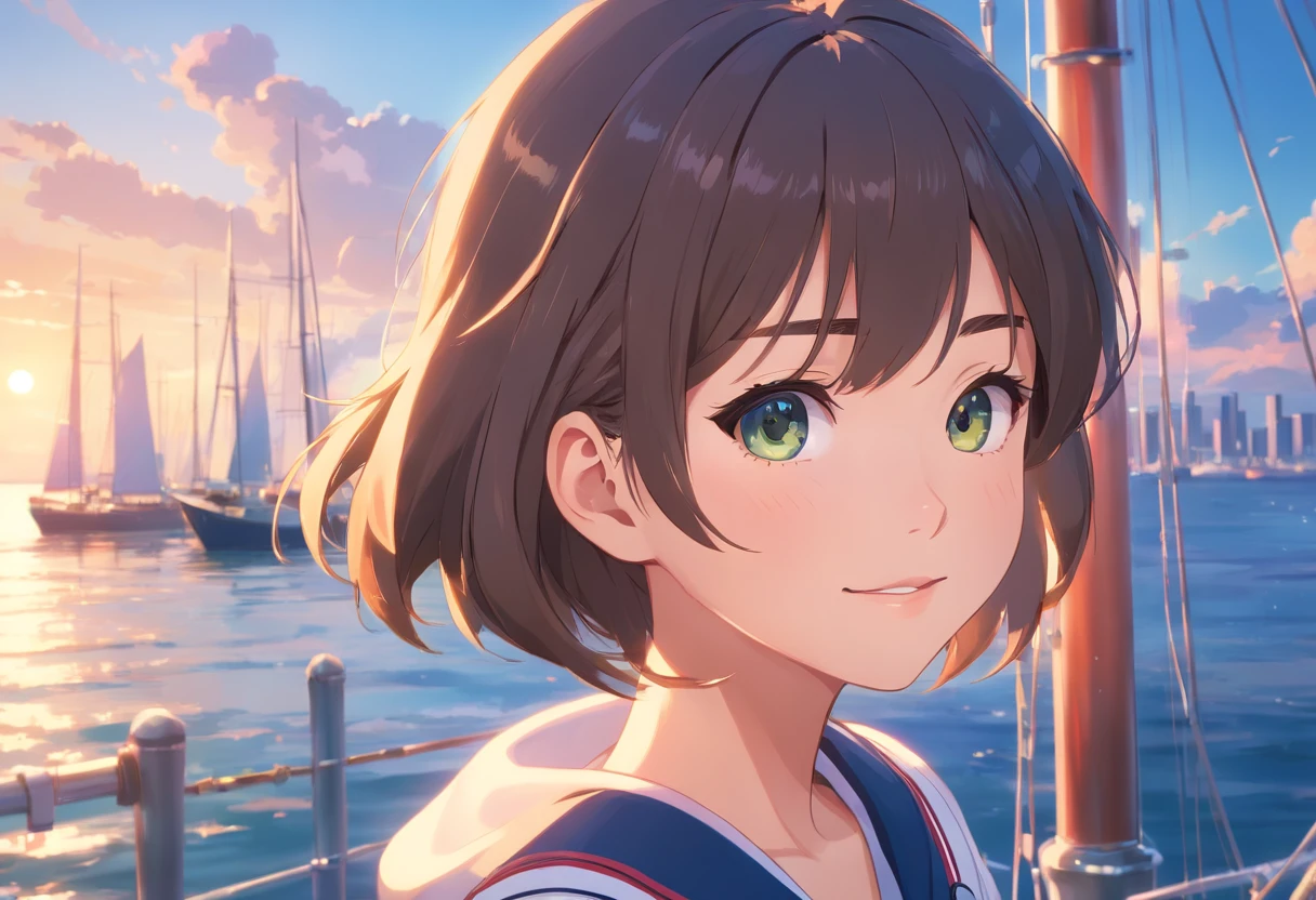 (realistic,ultra-detailed,best quality:1.2),1 girl, upper body, sailor, beautiful detailed eyes, beautiful detailed lips, long eyelashes, wearing sailor uniform, sailor hat, smiling to viewer, sail boat, professional, vivid colors, sharp focus,HDR,studio lighting, physically-based rendering, extremely detailed eyes and face,portraits,bokeh