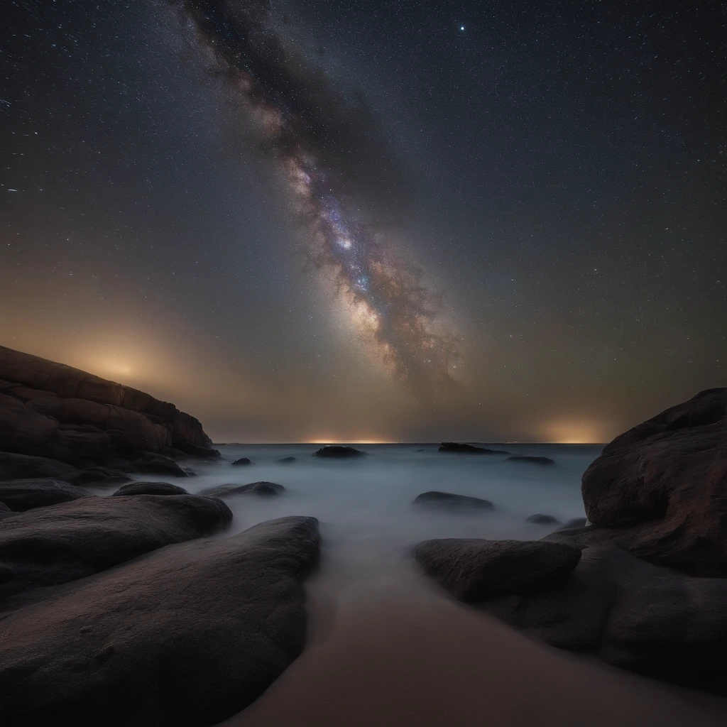 Master Parts、Superior Quality、superior image quality、The 8k quality、、Beautiful pictures of the starry sky、Two beautiful shooting stars、magnifica、Arched Milky Way、The Milky Way seen across the ocean