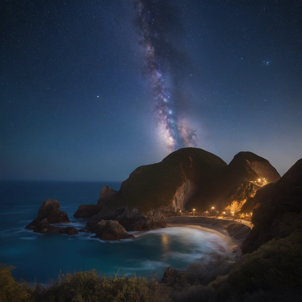 Master Parts、Superior Quality、superior image quality、The 8k quality、、Beautiful pictures of the starry sky、Two beautiful shooting stars、magnifica、Arched Milky Way、The Milky Way seen across the ocean