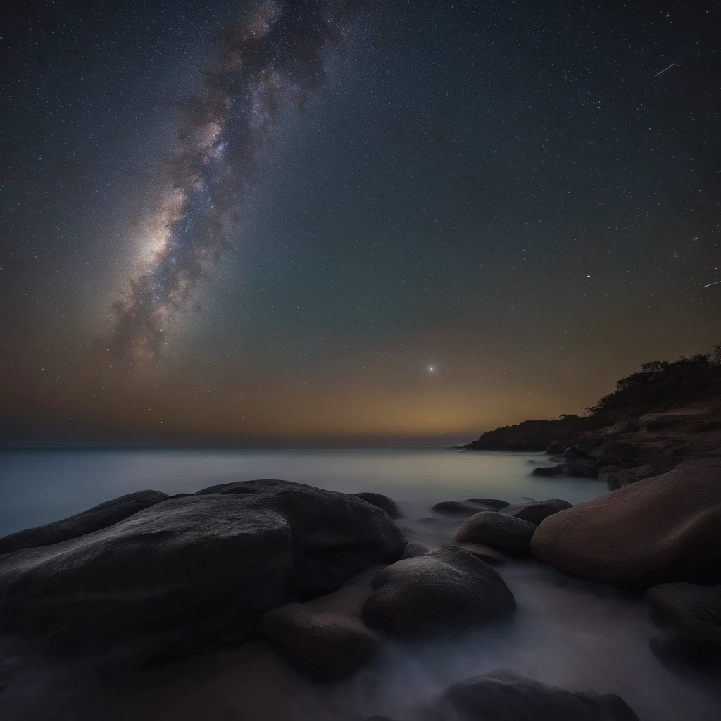 Master Parts、Superior Quality、superior image quality、The 8k quality、、Beautiful pictures of the starry sky、Two beautiful shooting stars、magnifica、Arched Milky Way、The Milky Way seen across the ocean