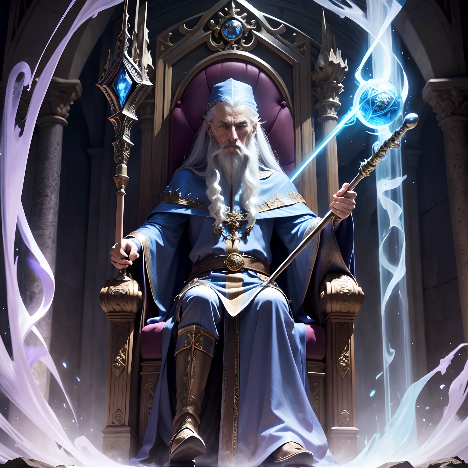 Wizard Merlin imposing ultra details sitting on the throne looking at me holding his staff with very sinister features