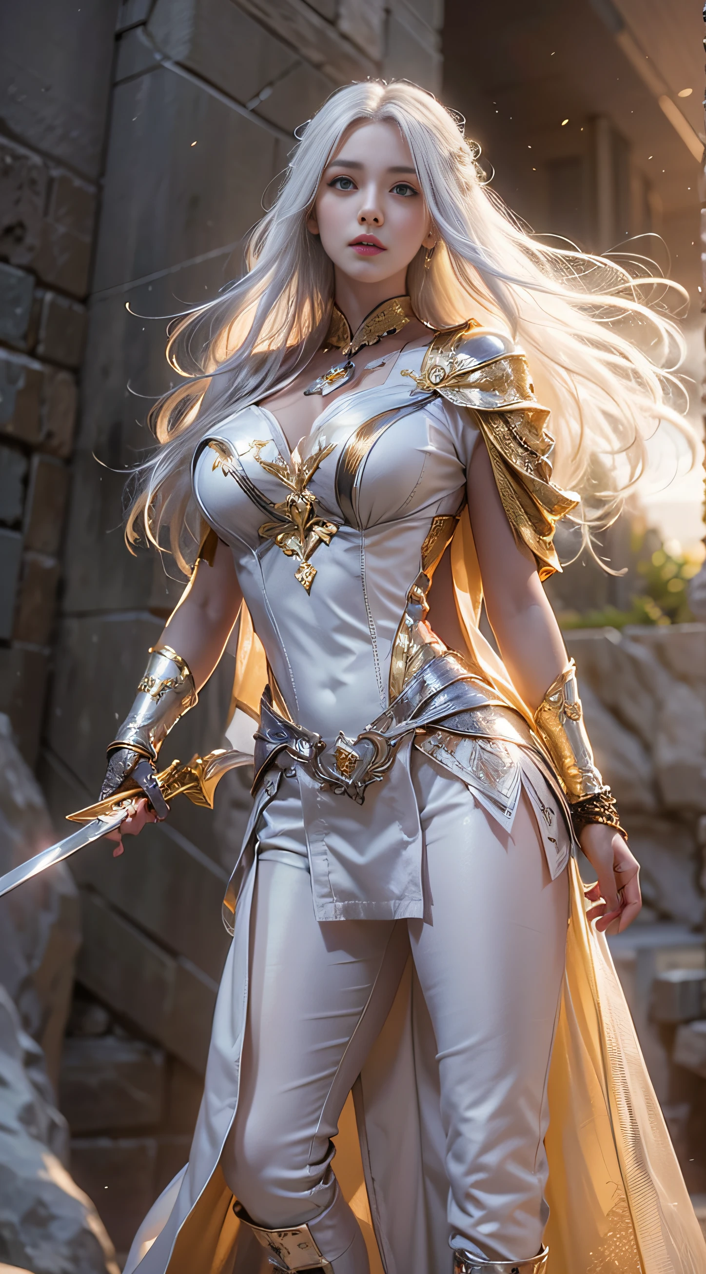 extremely beautiful young lady, subtle makeup, golden hour, photorealistic, high contrast, 8k HD, detailed, hyper-detailed, realistic skin texture, long white hair, big breast, best quality, ultra high res, raw photo, dramatic lighting, unreal engine, diffuse glow  intricate silver eaba, white imperial cape, spear, sword, no helm