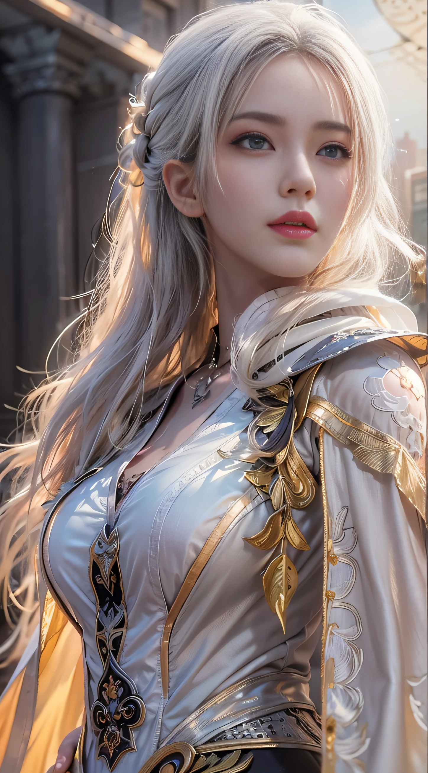 extremely beautiful young lady, subtle makeup, golden hour, photorealistic, high contrast, 8k HD, detailed, hyper-detailed, realistic skin texture, long white hair, big breast, best quality, ultra high res, raw photo, dramatic lighting, unreal engine, diffuse glow  intricate silver eaba, white imperial cape, spear, sword, no helm