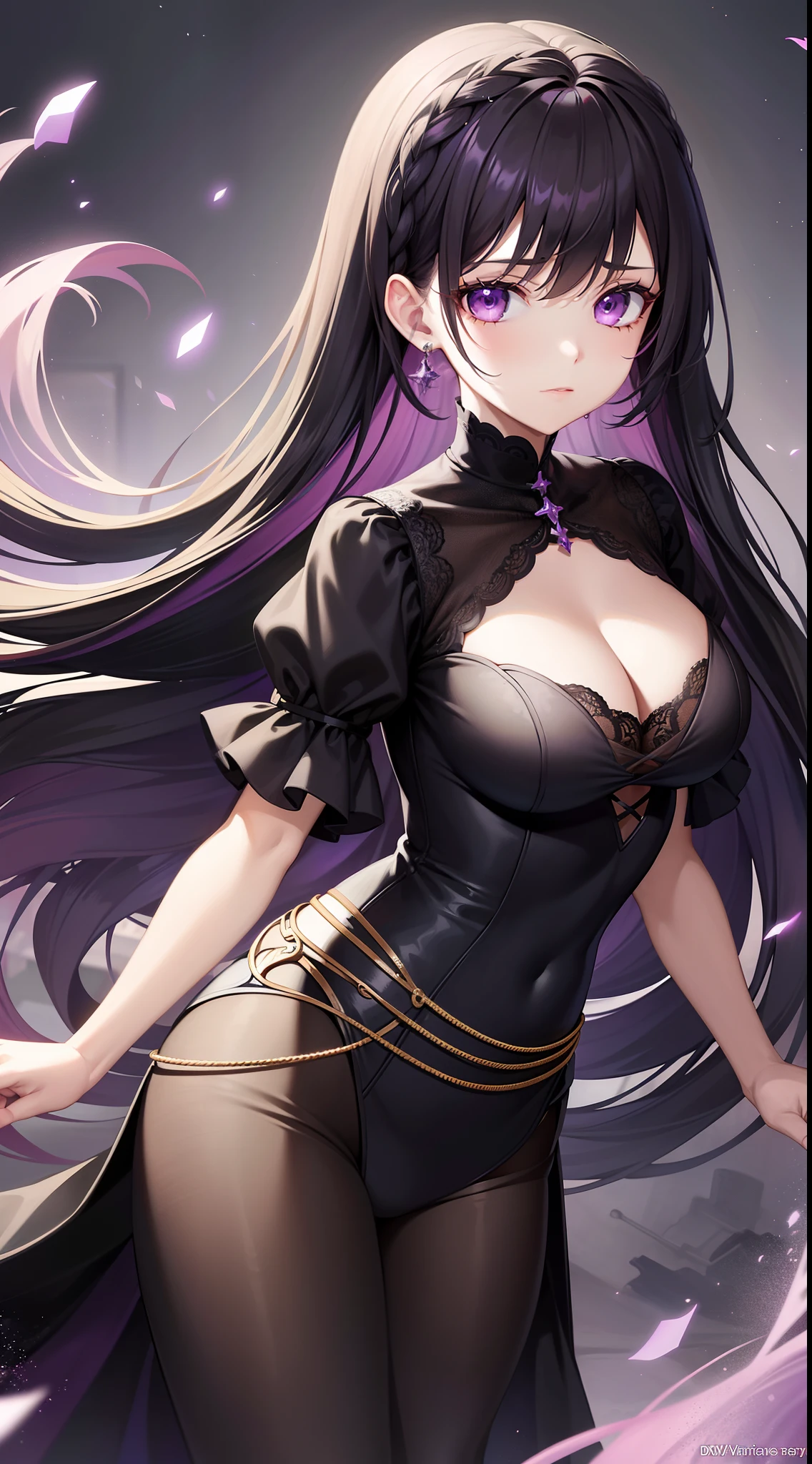 young girl, long dark purple or black hair, violet eyes, Black Rich Closed Clothing, Masterpiece, hiquality, high detail, HD, 4k