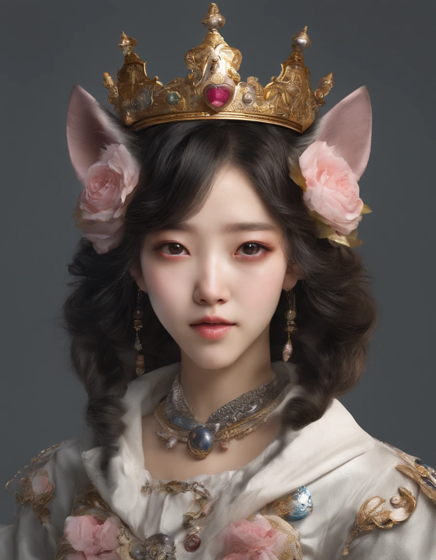 Korean girl, Wearing a collar, heart-shaped eyes, crown, symbol-shaped pupils, wolf ears, grin, streaked hair, Surrealism, drop shadow, tachi-e, panorama, Ultra-Wide Angle, Eye-Level Shot, masterpiece, textured skin