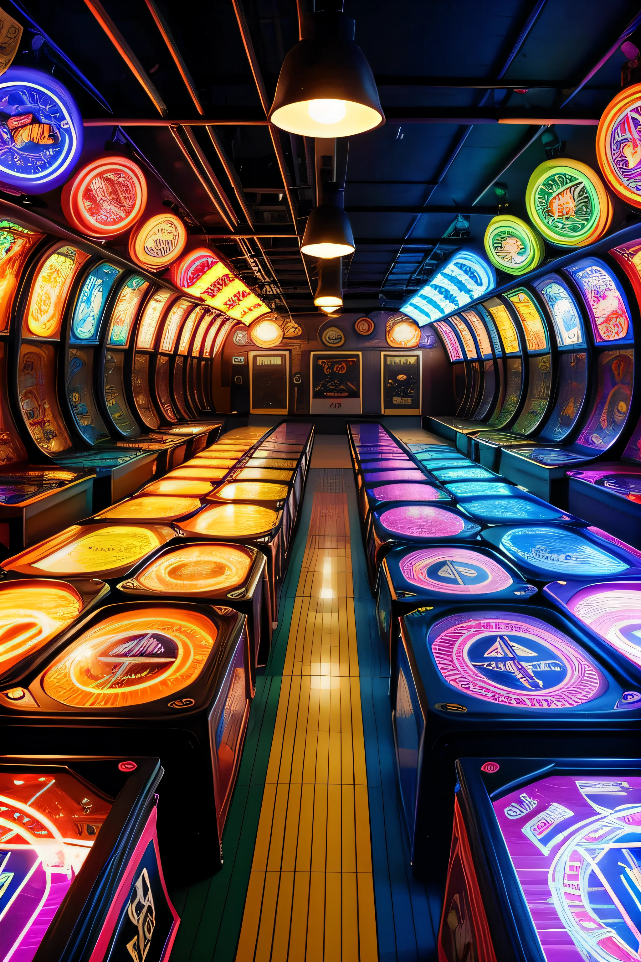 inside the room of an arcade with games, video games, rides, roller coaster, bikes, motorcycles, strobe lights, disco lights, neon lights, lights, lots of fun, detailed, trippy, fun, optical illusion, hallucination, toys, basketball, bowling, detailed, hyperactive, technology, advanced, space, theme park, 6 flags, adventure park, water park