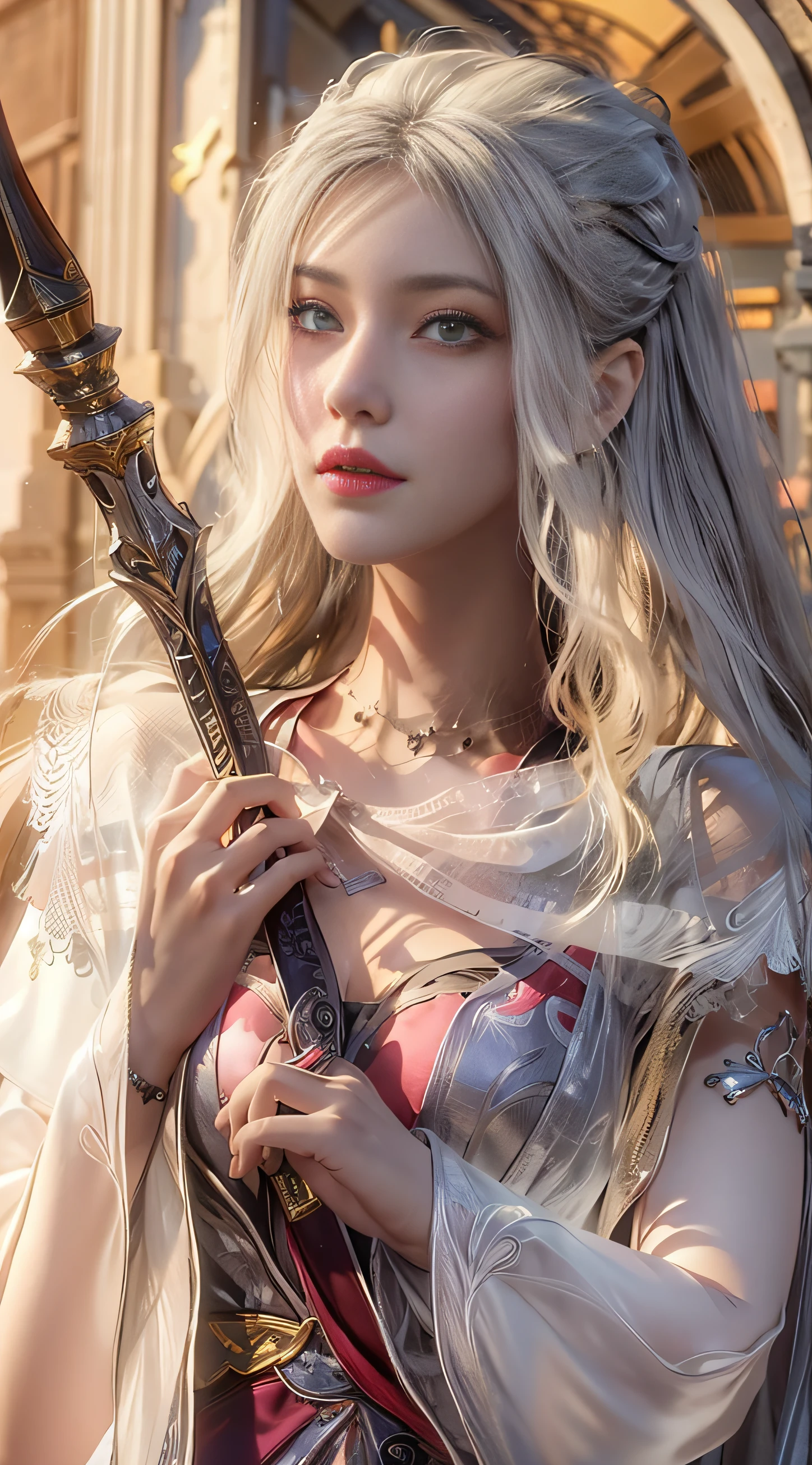 extremely beautiful young lady, subtle makeup, golden hour, photorealistic, high contrast, 8k HD, detailed, hyper-detailed, realistic skin texture, long white hair, big breast, best quality, ultra high res, raw photo, dramatic lighting, unreal engine, diffuse glow intricate silver eaba, white imperial cape, spear, sword, no helm