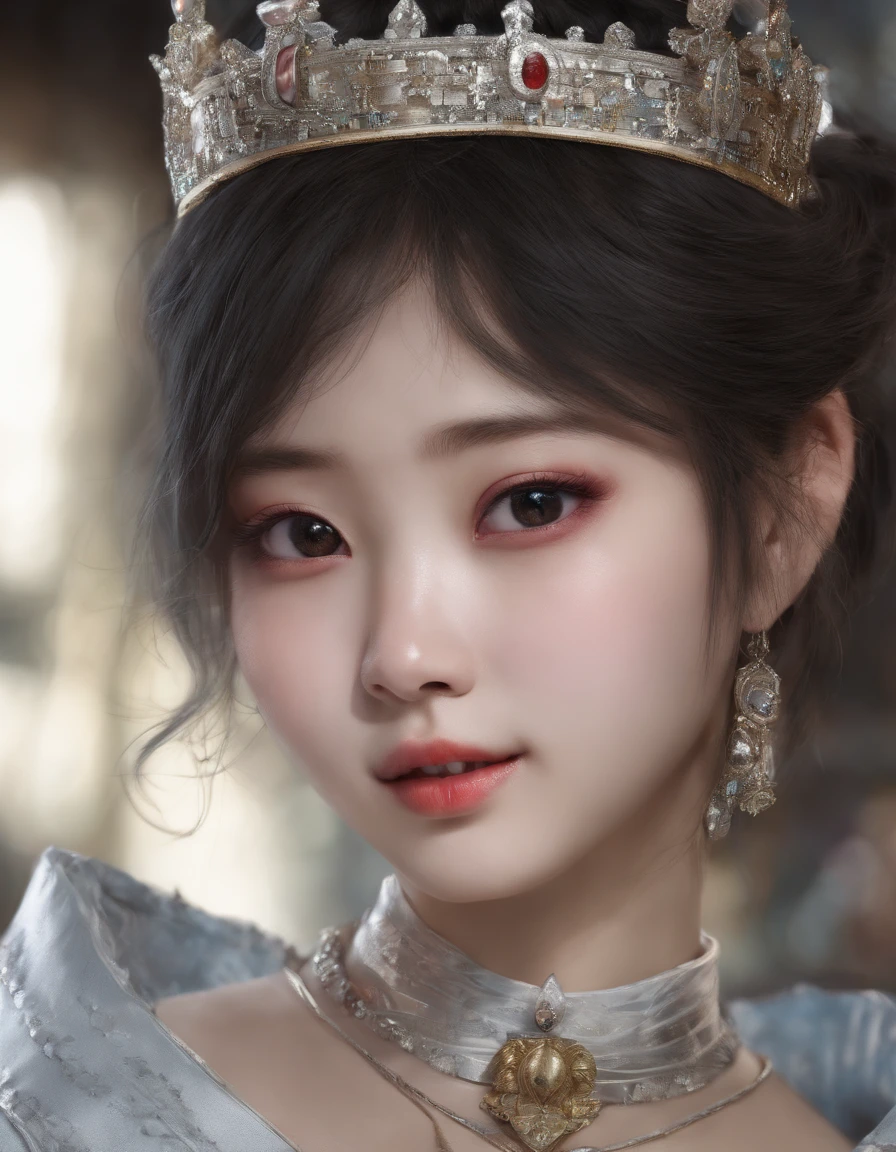 Korean girl, Wearing a collar, heart-shaped eyes, crown, symbol-shaped pupils, wolf ears, grin, streaked hair, Surrealism, panorama, masterpiece, textured skin