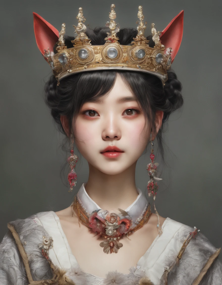Korean girl, Wearing a collar, heart-shaped eyes, crown, symbol-shaped pupils, wolf ears, grin, streaked hair, Surrealism, panorama, masterpiece, textured skin