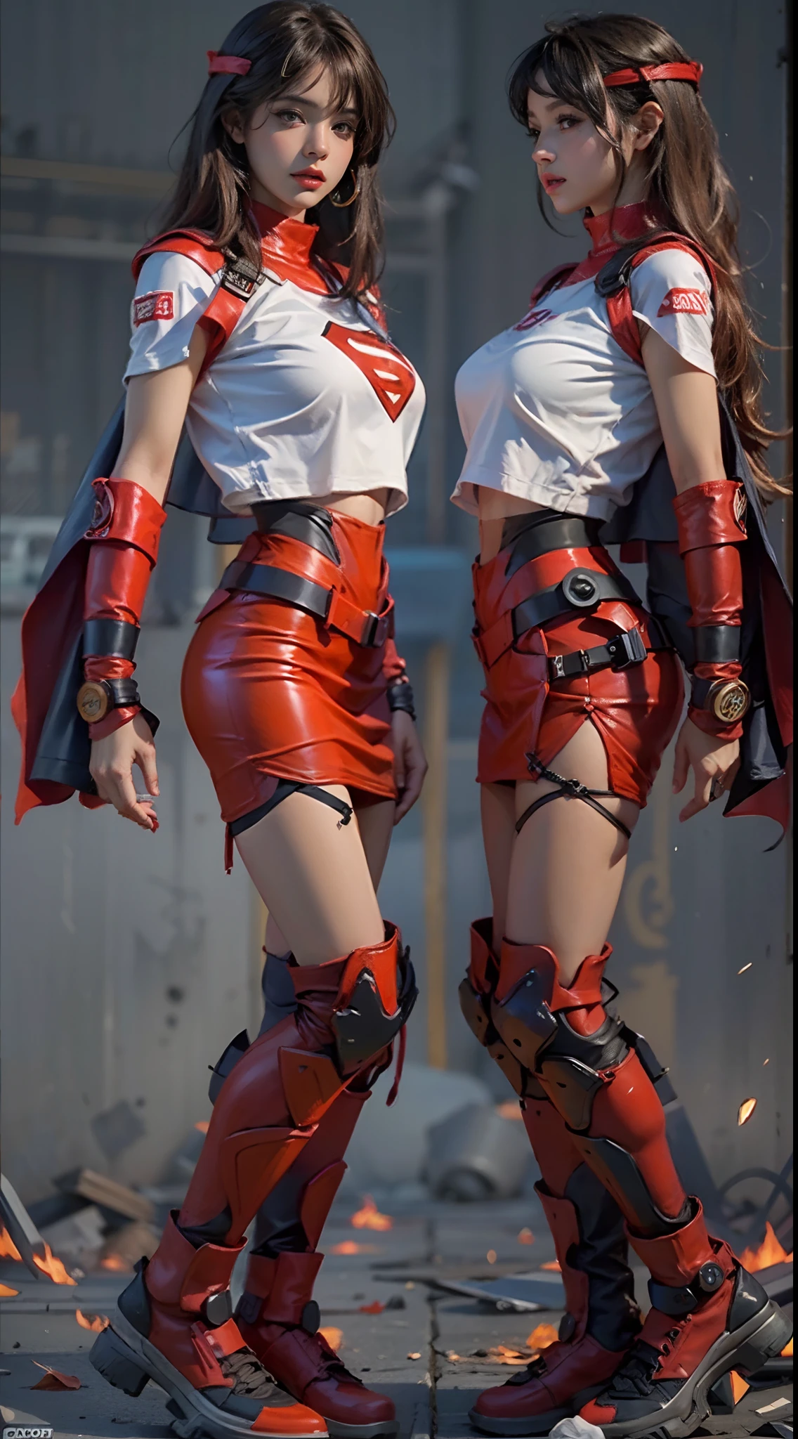 Motor irreal:1.4,CG ultra realista 64K, fotorrealista:1.4, textura da pele:1.4, obra prima:1.4,Mulher bonita vestindo uma fantasia sexy Supergirl, cabelos loiros e loiros, olhos azuis, Roupa interior Fundo detalhado, Super Cyberpunk Fantasia . quadris largos,An apocalyptic city of fire, mostrando barriga lisa,Minissaia vermelha, ,beautiful thin hands,