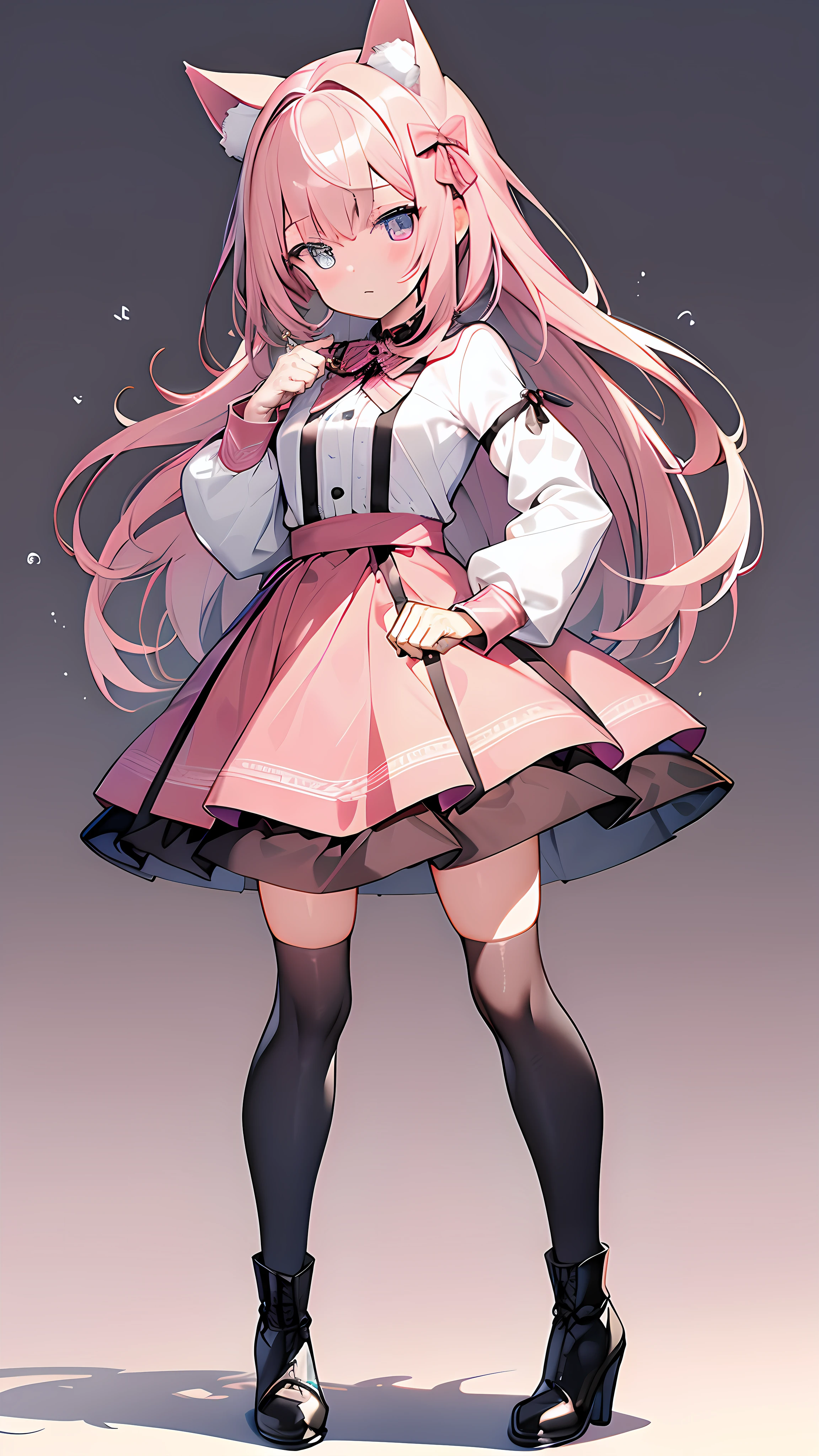 Cute girl with cat ears、Japan anime style、Moe、（full body2.0）、（1 person only 2.1）、（No background 1.8）、Authentic and highly detailed body、小柄、girl with、childish、10yaers old、length hair、bangss、A pink-haired、Authentic and highly detailed face、beautiful eyes that are authentic and highly detailed,、 Authentic and very delicate arms and hands、Authentic and highly detailed human hands（5 fingers）、The most beautiful girl in the world、Delicate and beautiful pink cat eyes、Authentic skin texture、Plain clothe、lolita、a miniskirt、（Authentic and highly detailed kneehigh pink socks 2.7）、（Authentic and highly detailed long boots 1.5）