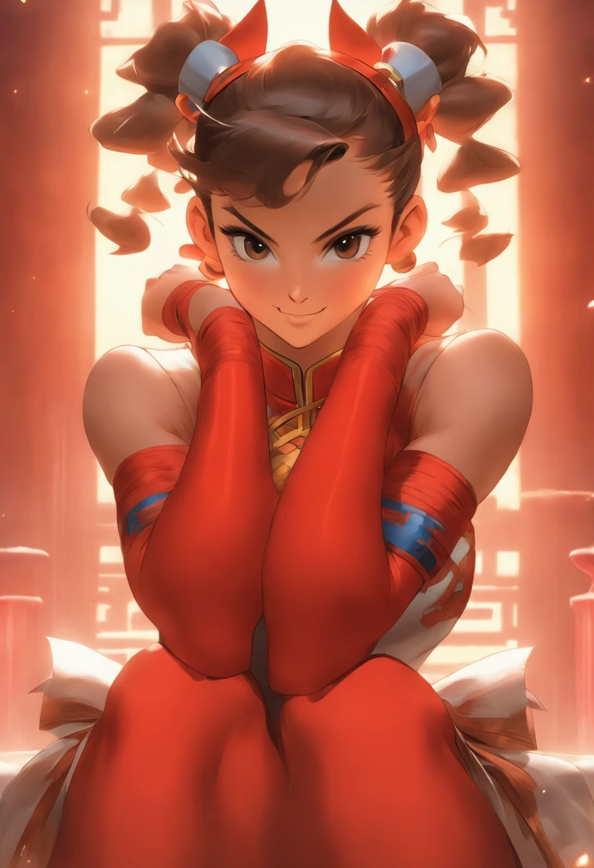 Chun-li's face cat ears red porcelain dress sitting smile anime style